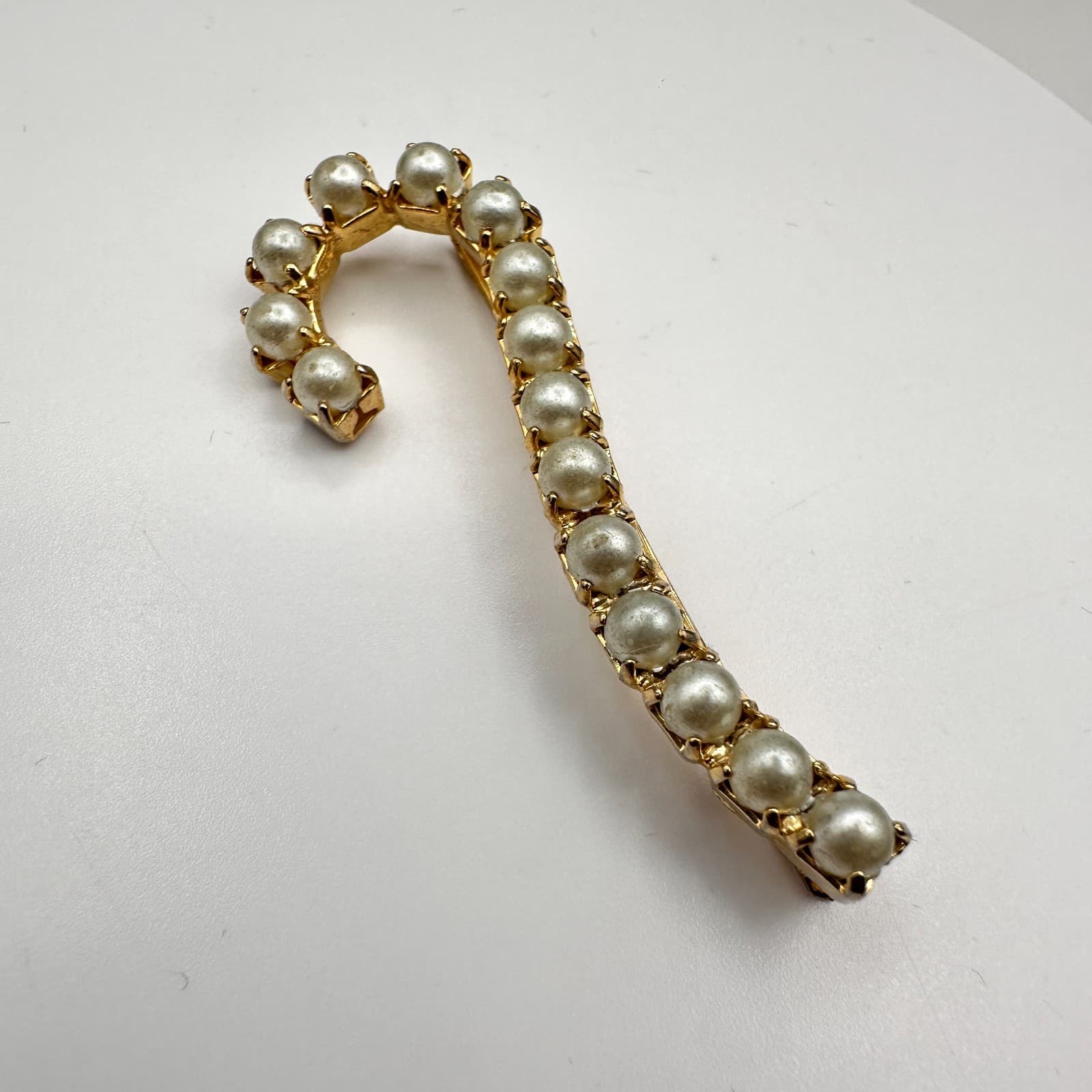Vintage 90s Gold Tone Faux Pearl Candy Cane Brooch Pin Retro Statement Jewelry - Thumbnail 2
