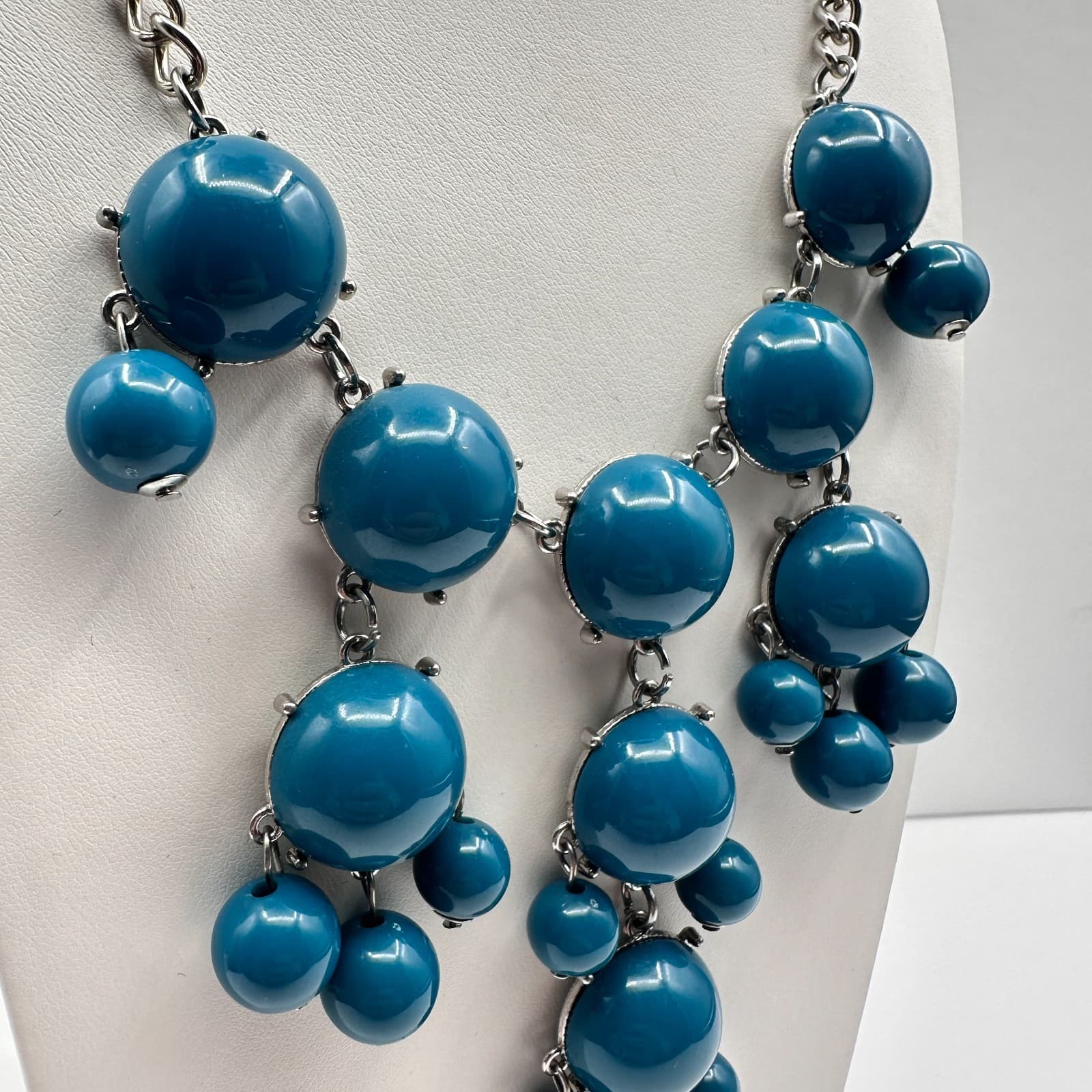 Vintage Y2K Blue Cabochon Beaded Statement Bib Necklace Silver Tone Boho Jewelry - Thumbnail 7