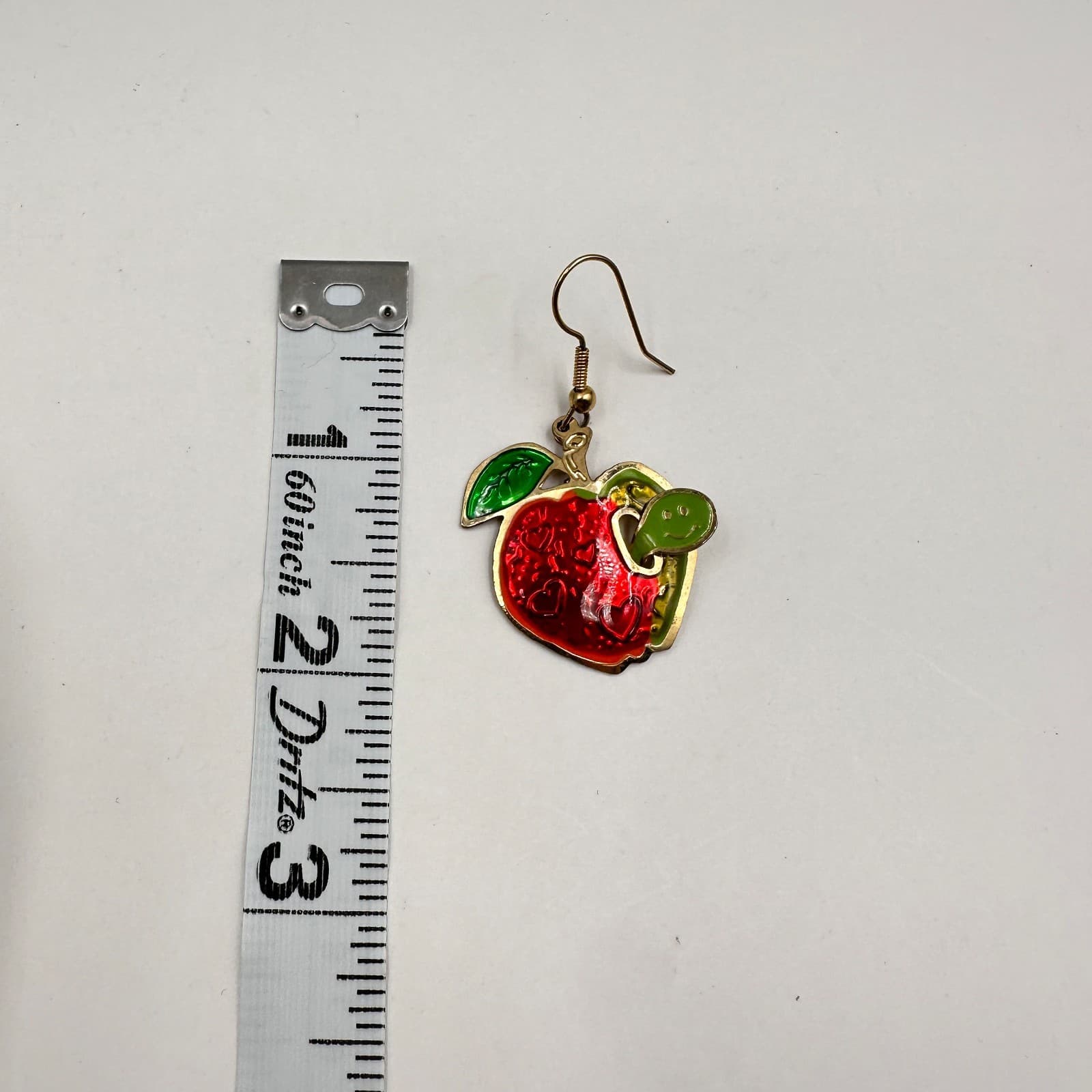 Vintage 80s Fun Red Apple Dangle Earrings Green Leaf & Worm Accent Jewelry - Thumbnail 7