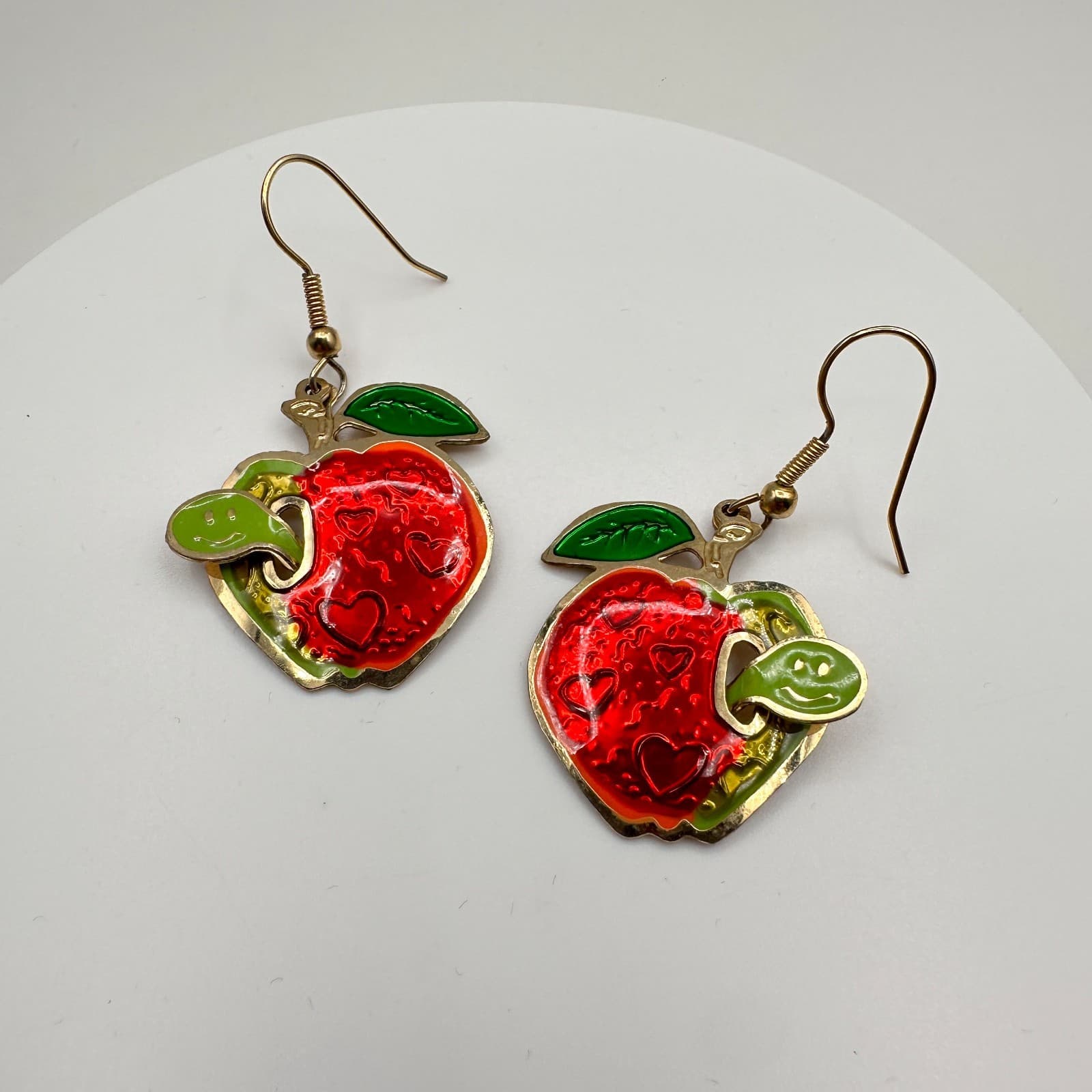 Vintage 80s Fun Red Apple Dangle Earrings Green Leaf & Worm Accent Jewelry - Thumbnail 2