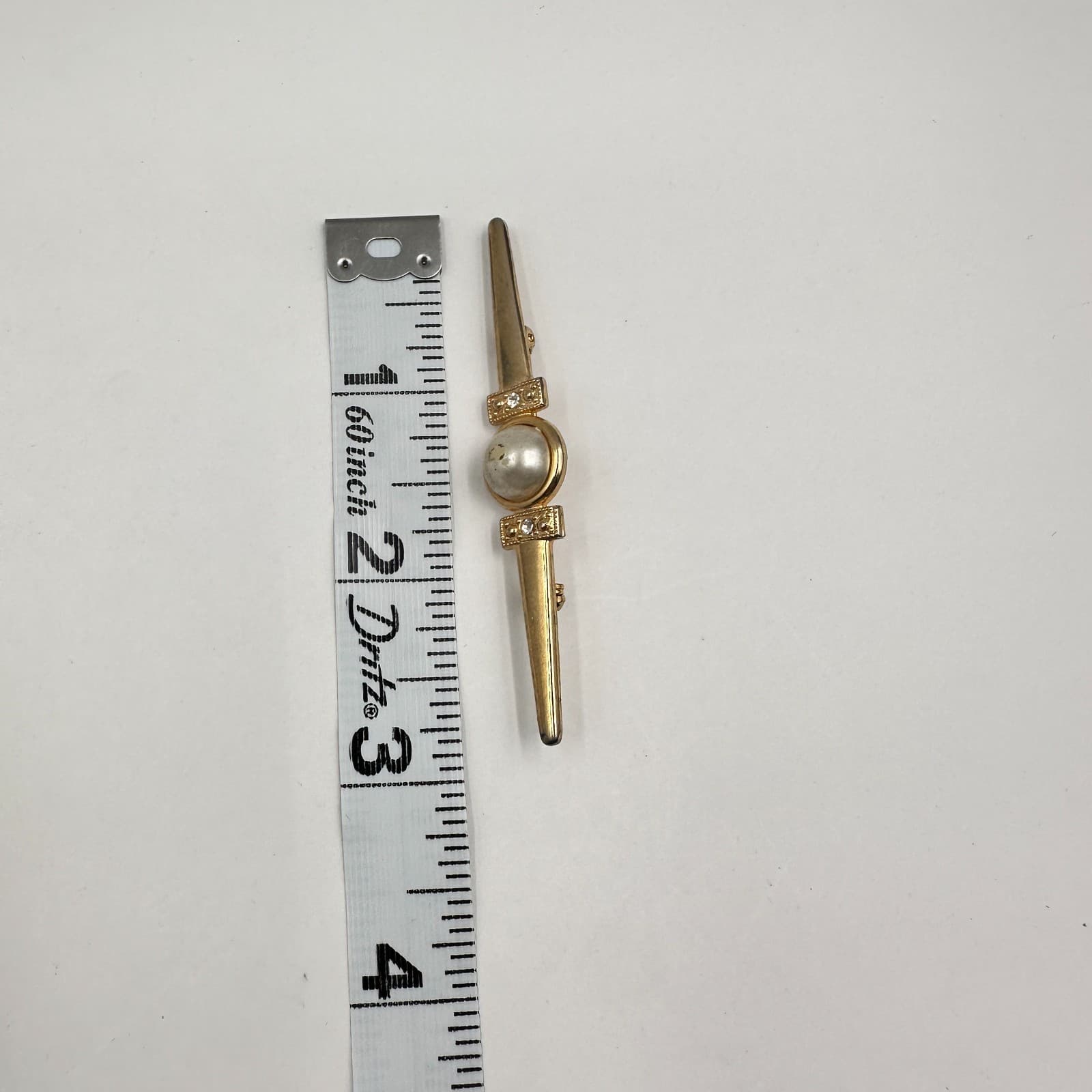 Vintage 80s Gold Tone Bar Brooch Faux Pearl Crystal Geometric Statement Pin - Thumbnail 8
