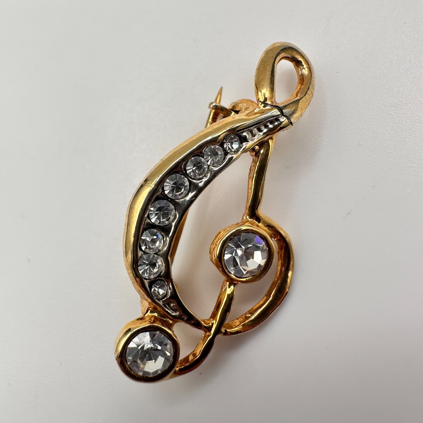 Vintage Y2K Gold Tone Treble Clef Brooch Pin Clear Rhinestone Women's Jewelry - Thumbnail 2