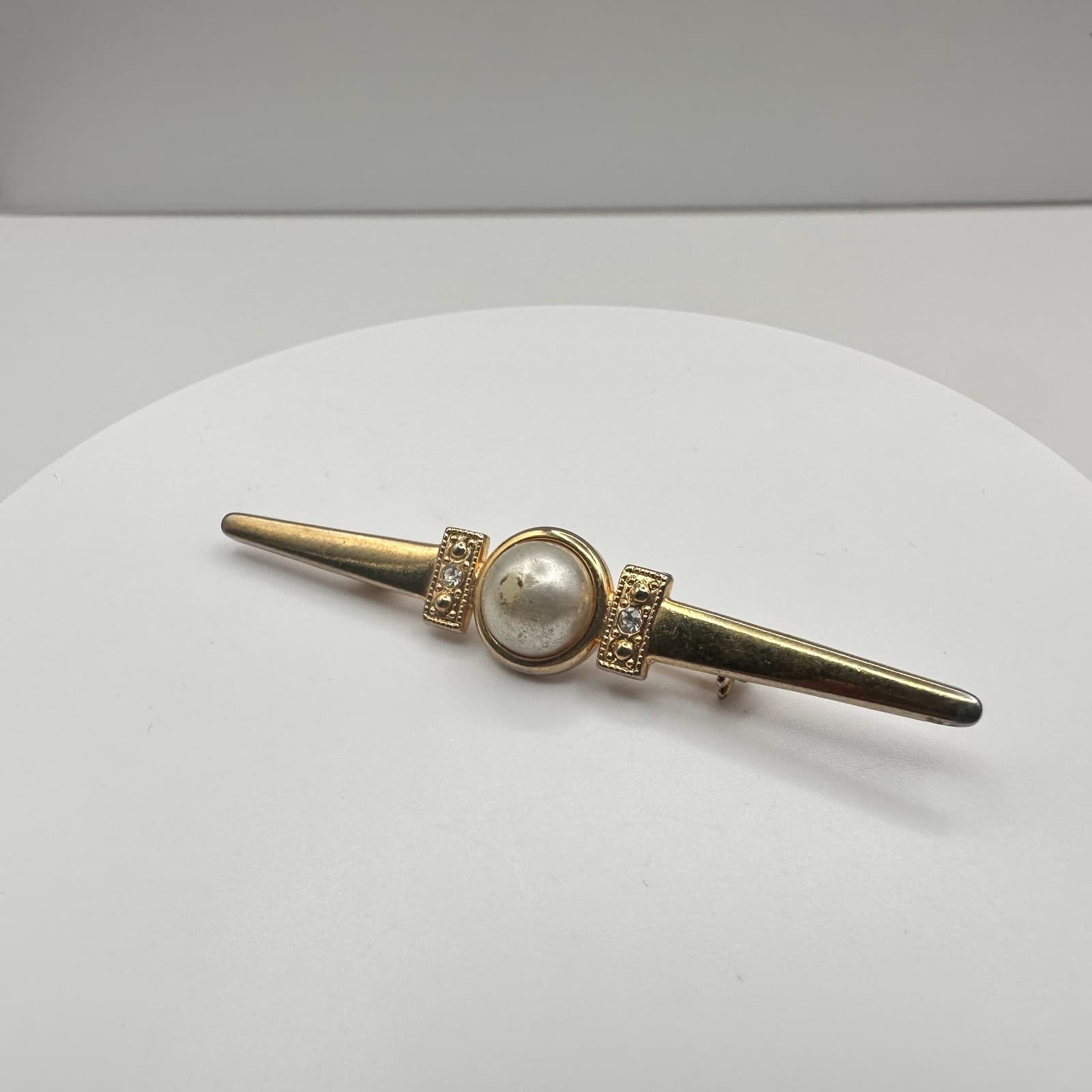 Vintage 80s Gold Tone Bar Brooch Faux Pearl Crystal Geometric Statement Pin - Thumbnail 5