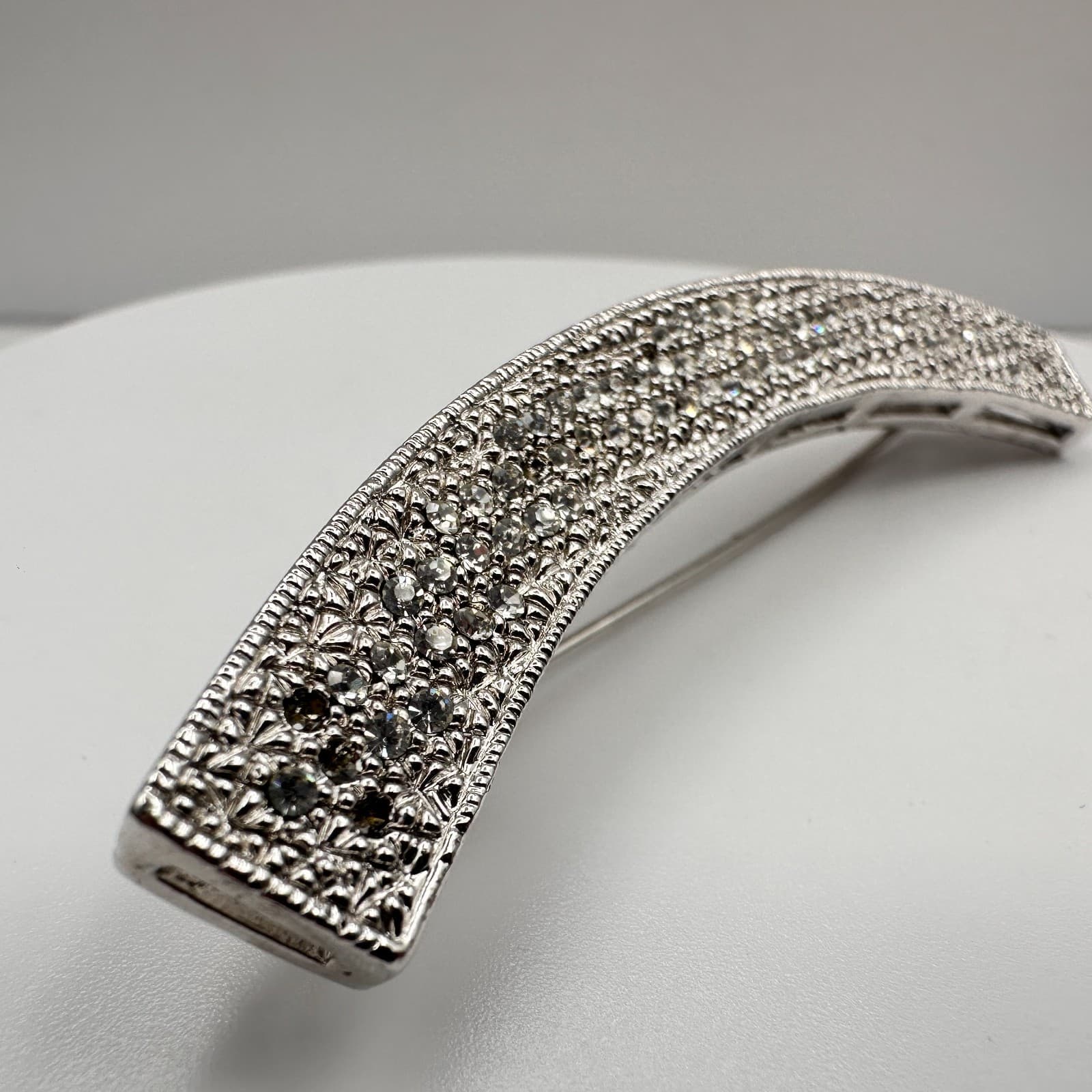 Vintage 90s Silver Tone Clear Rhinestone Curved Bar Brooch Pin Women's Jewelry - Thumbnail 3