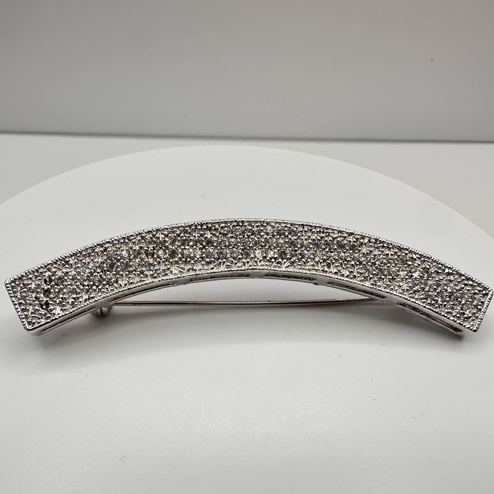 Vintage 90s Silver Tone Clear Rhinestone Curved Bar Brooch Pin Women's Jewelry - Thumbnail 2