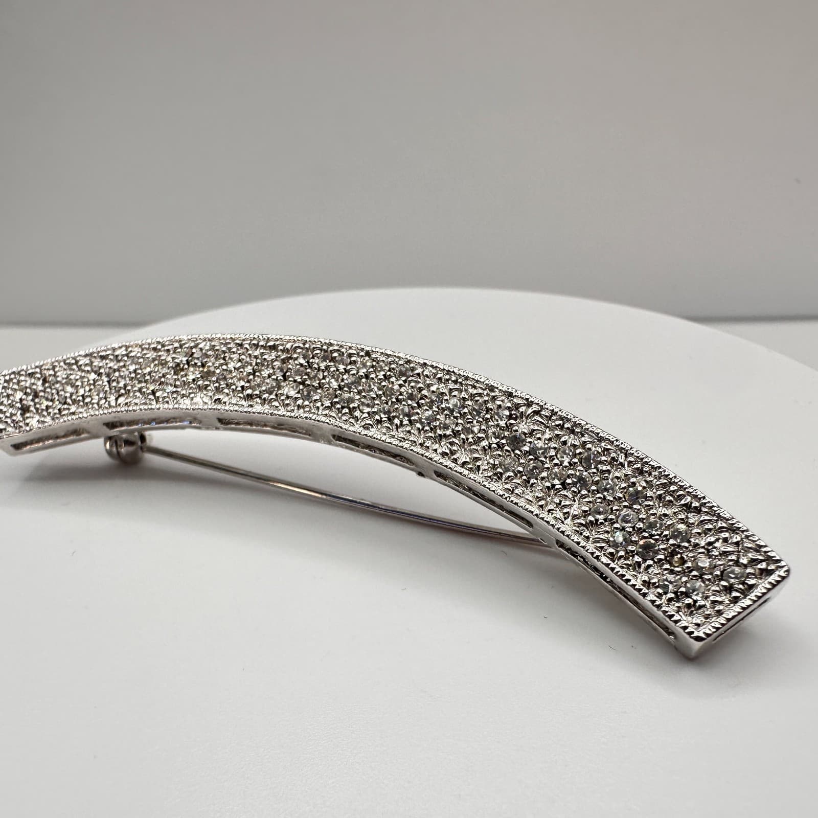 Vintage 90s Silver Tone Clear Rhinestone Curved Bar Brooch Pin Women's Jewelry - Thumbnail 4