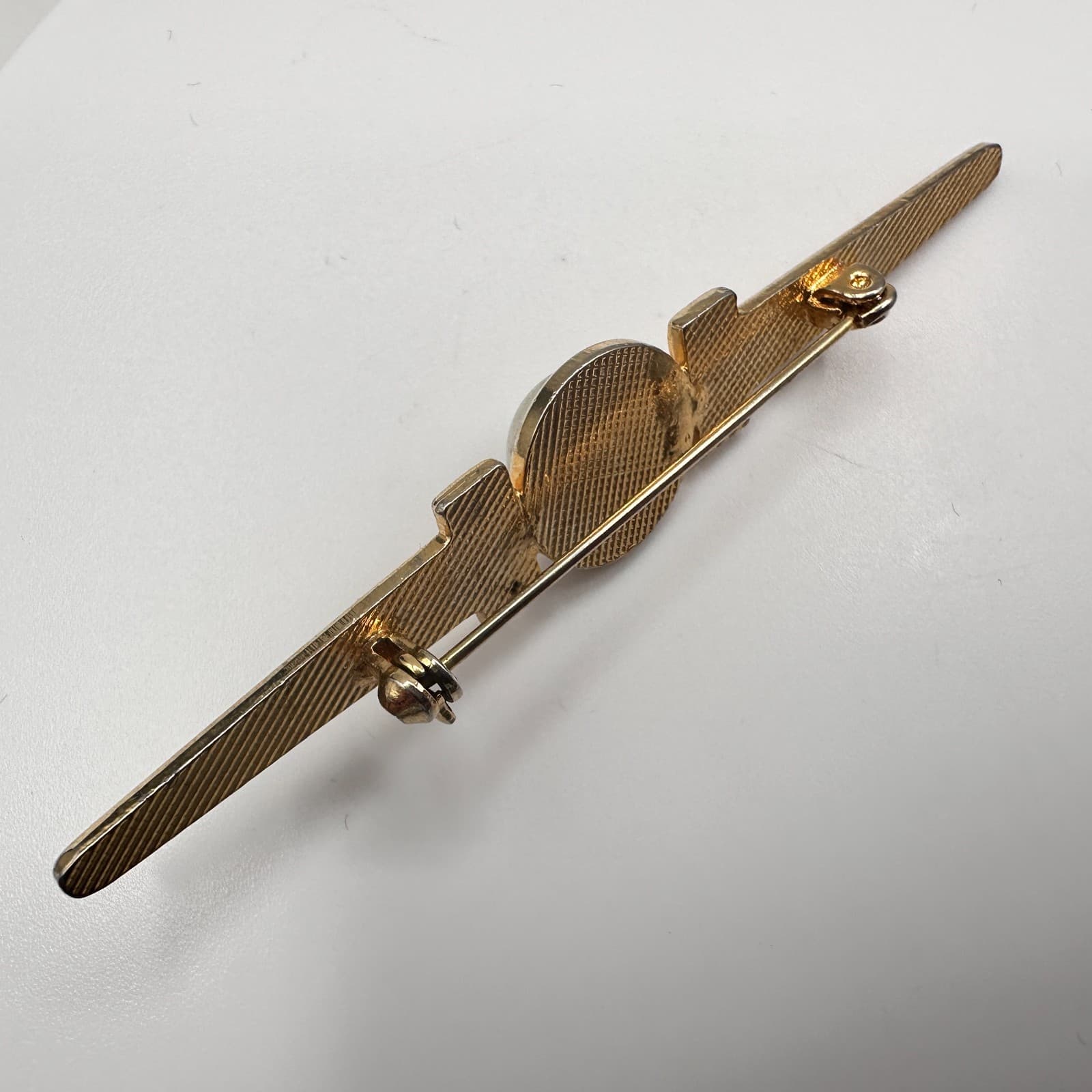 Vintage 80s Gold Tone Bar Brooch Faux Pearl Crystal Geometric Statement Pin - Thumbnail 7