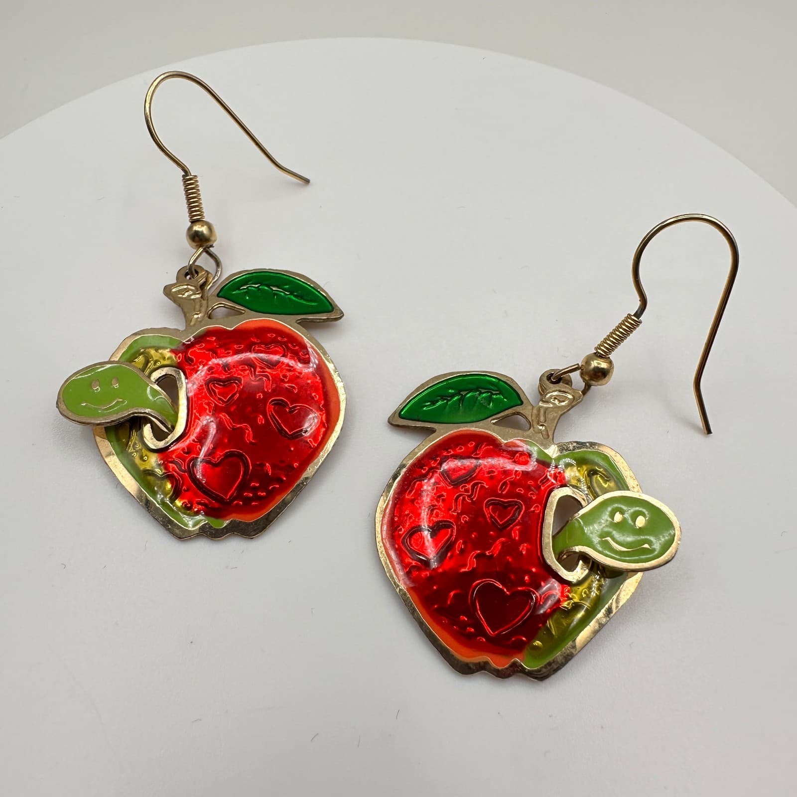 Vintage 80s Fun Red Apple Dangle Earrings Green Leaf & Worm Accent Jewelry - Thumbnail 3