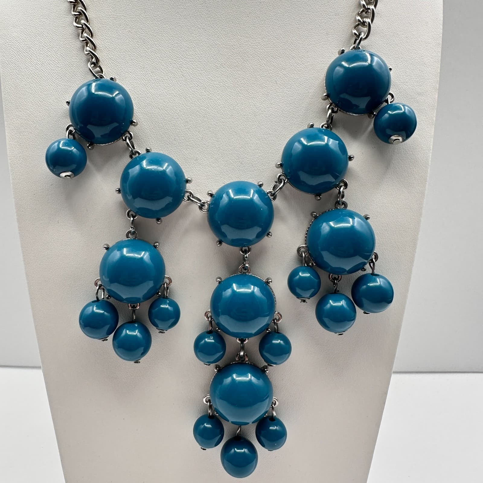 Vintage Y2K Blue Cabochon Beaded Statement Bib Necklace Silver Tone Boho Jewelry - Thumbnail 2