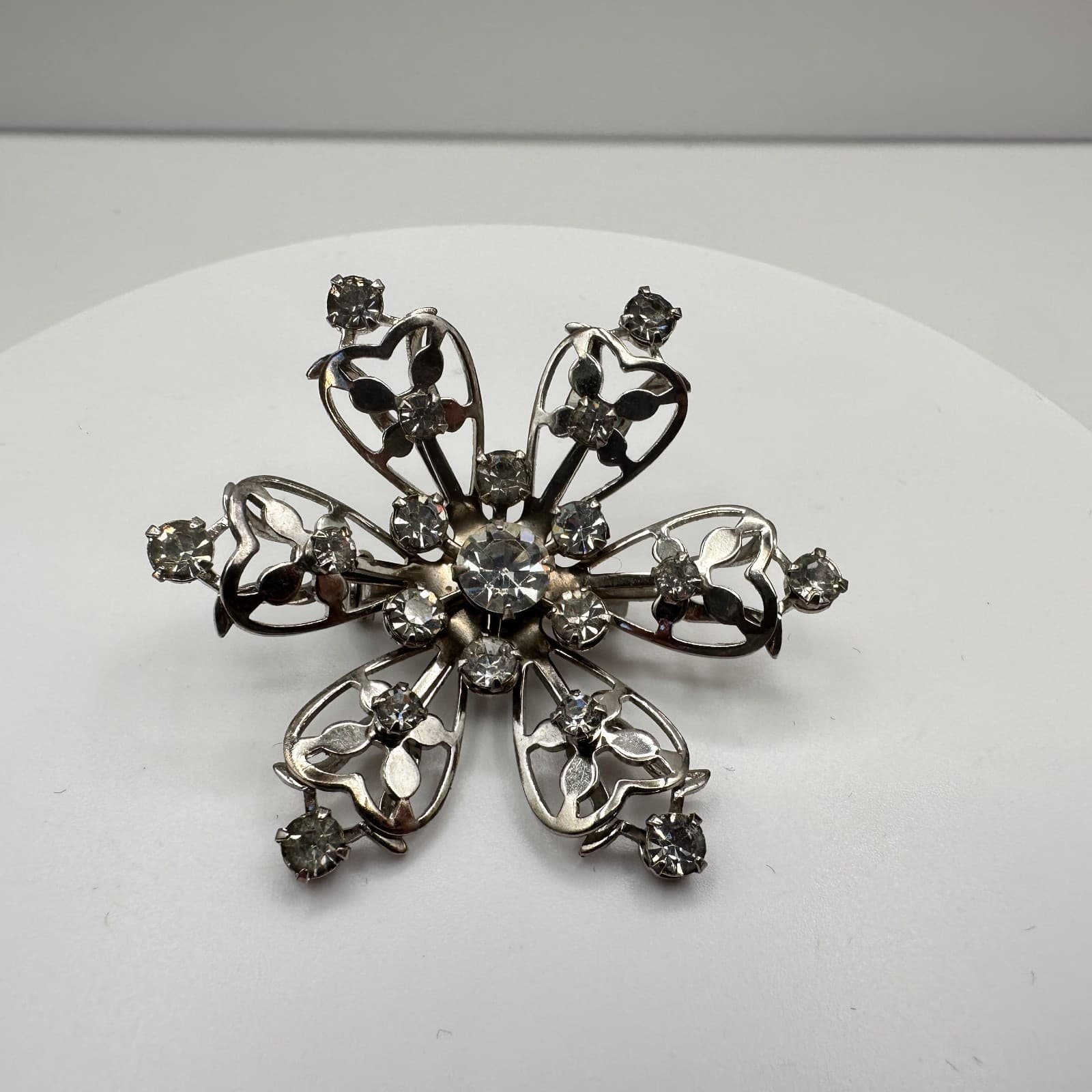 Vintage 80s Silver Tone Floral Brooch Pin Clear Rhinestone Women's Jewelry - Thumbnail 2
