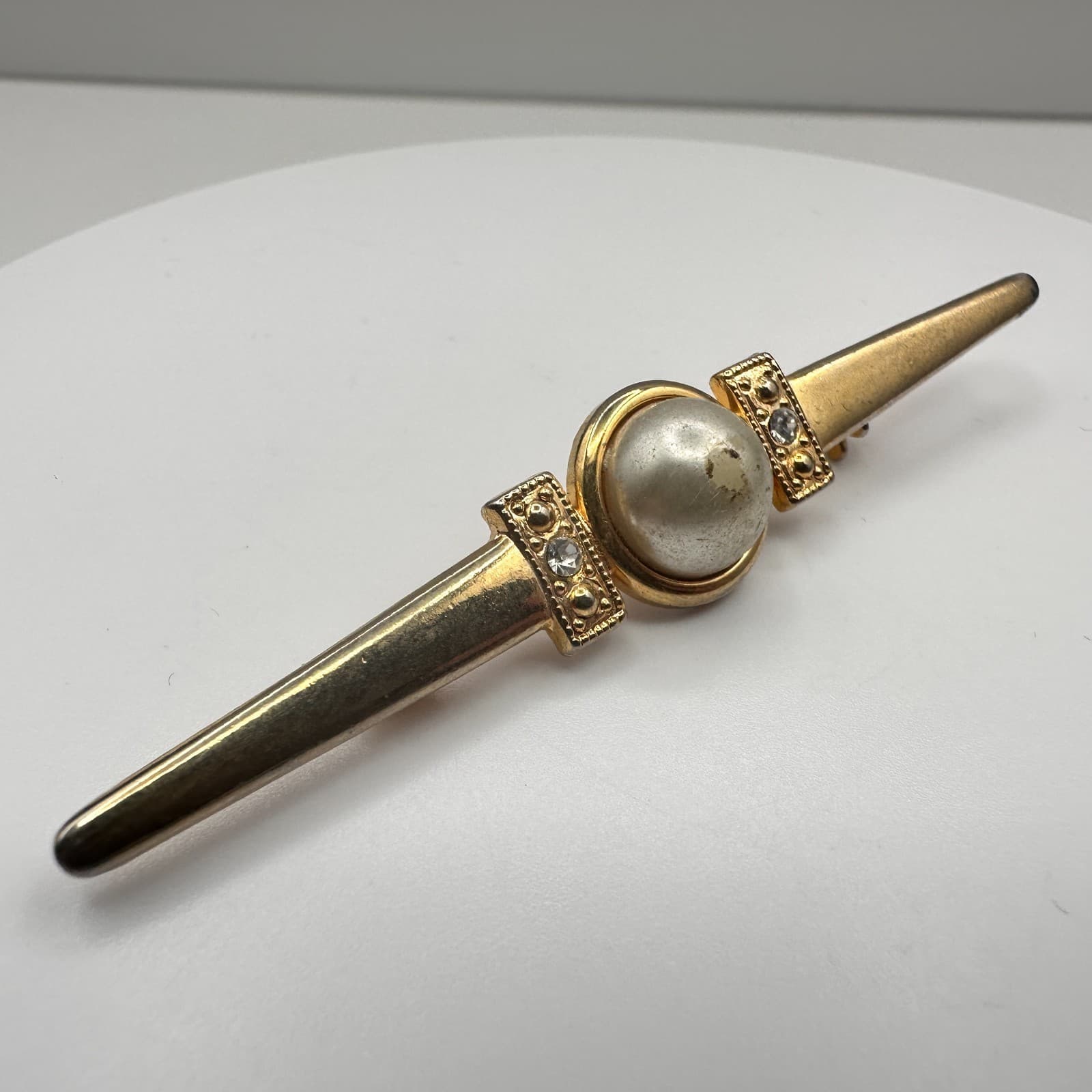 Vintage 80s Gold Tone Bar Brooch Faux Pearl Crystal Geometric Statement Pin - Image 1