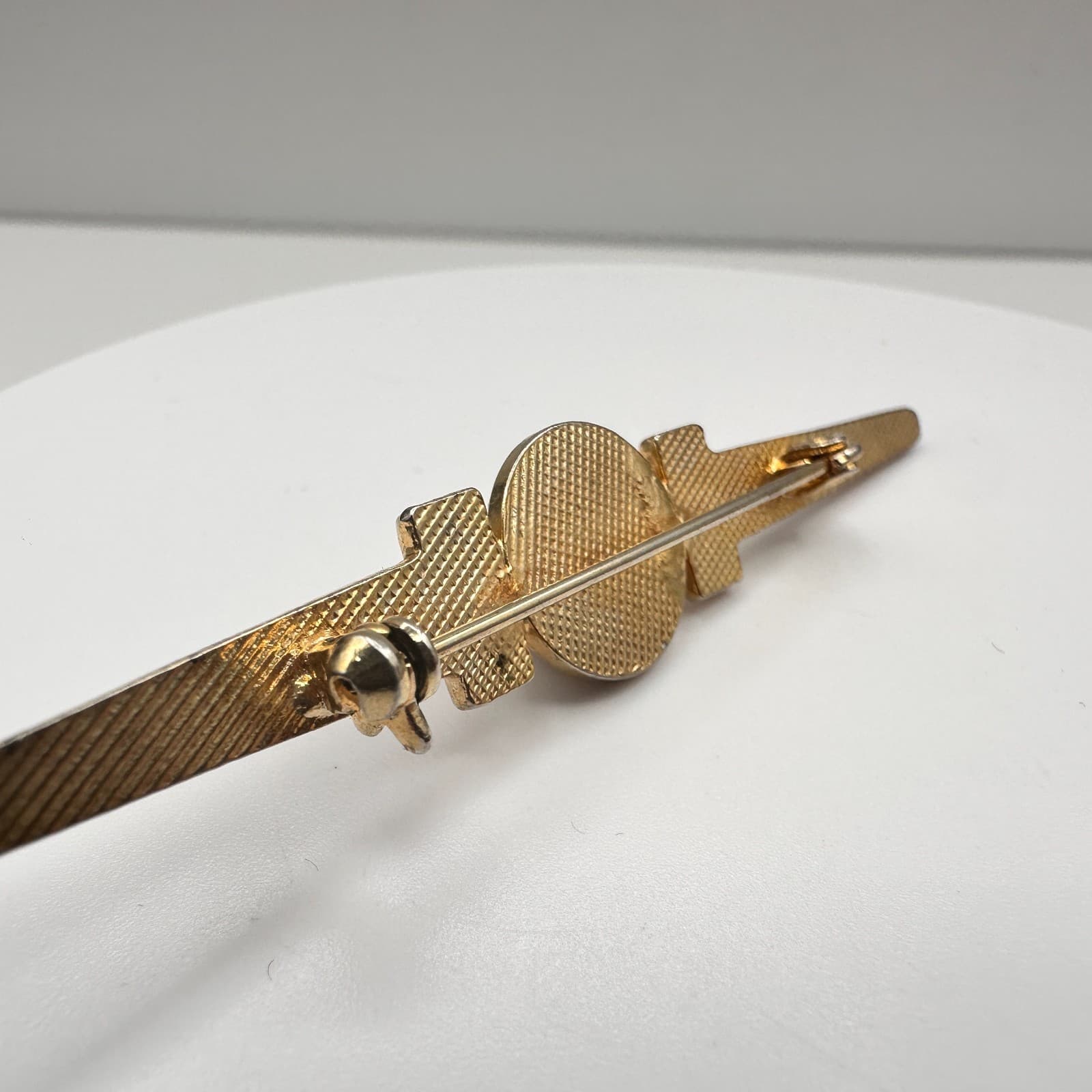 Vintage 80s Gold Tone Bar Brooch Faux Pearl Crystal Geometric Statement Pin - Thumbnail 6