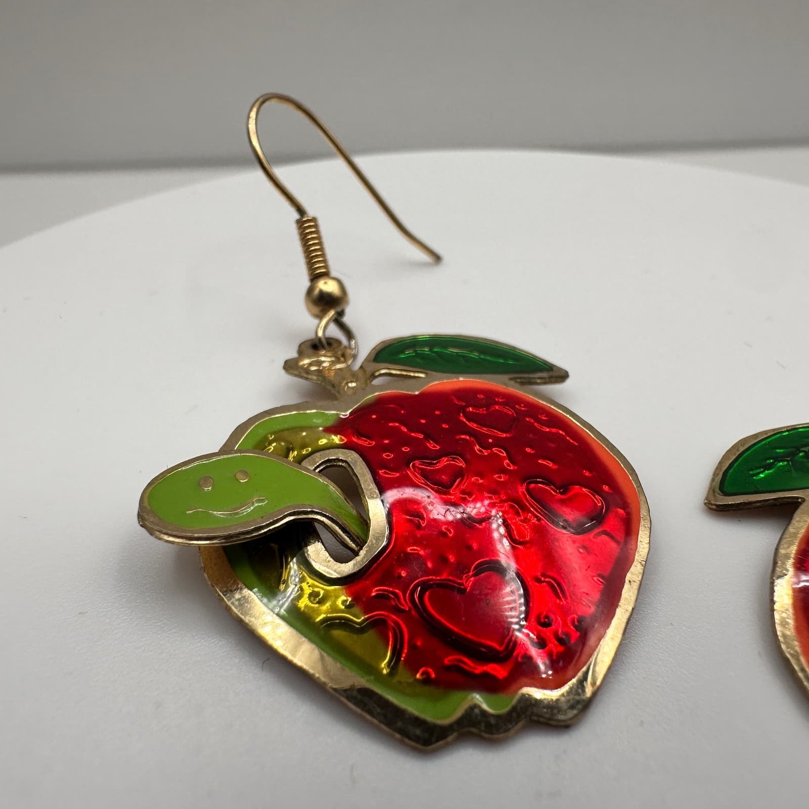 Vintage 80s Fun Red Apple Dangle Earrings Green Leaf & Worm Accent Jewelry - Thumbnail 5