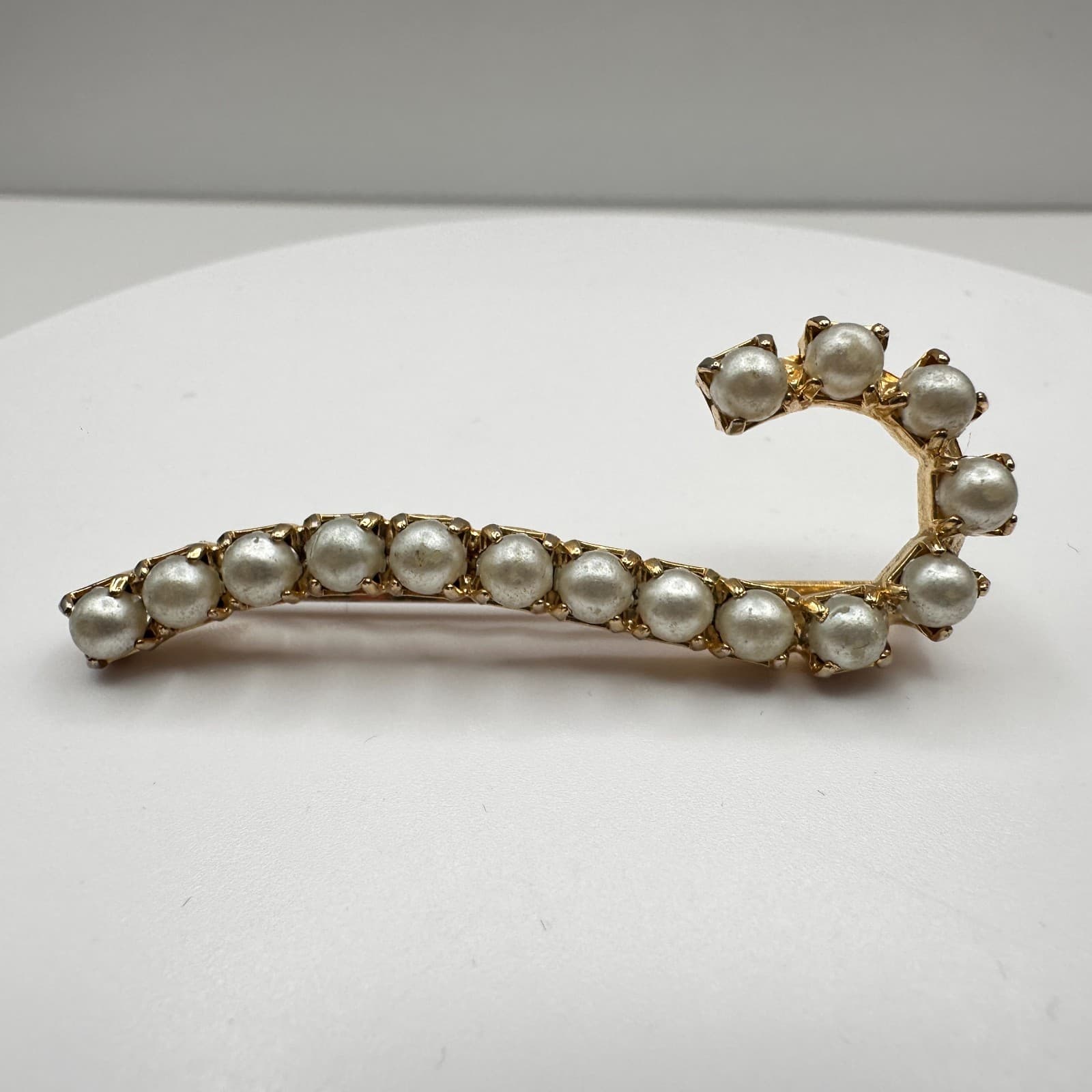 Vintage 90s Gold Tone Faux Pearl Candy Cane Brooch Pin Retro Statement Jewelry - Thumbnail 3