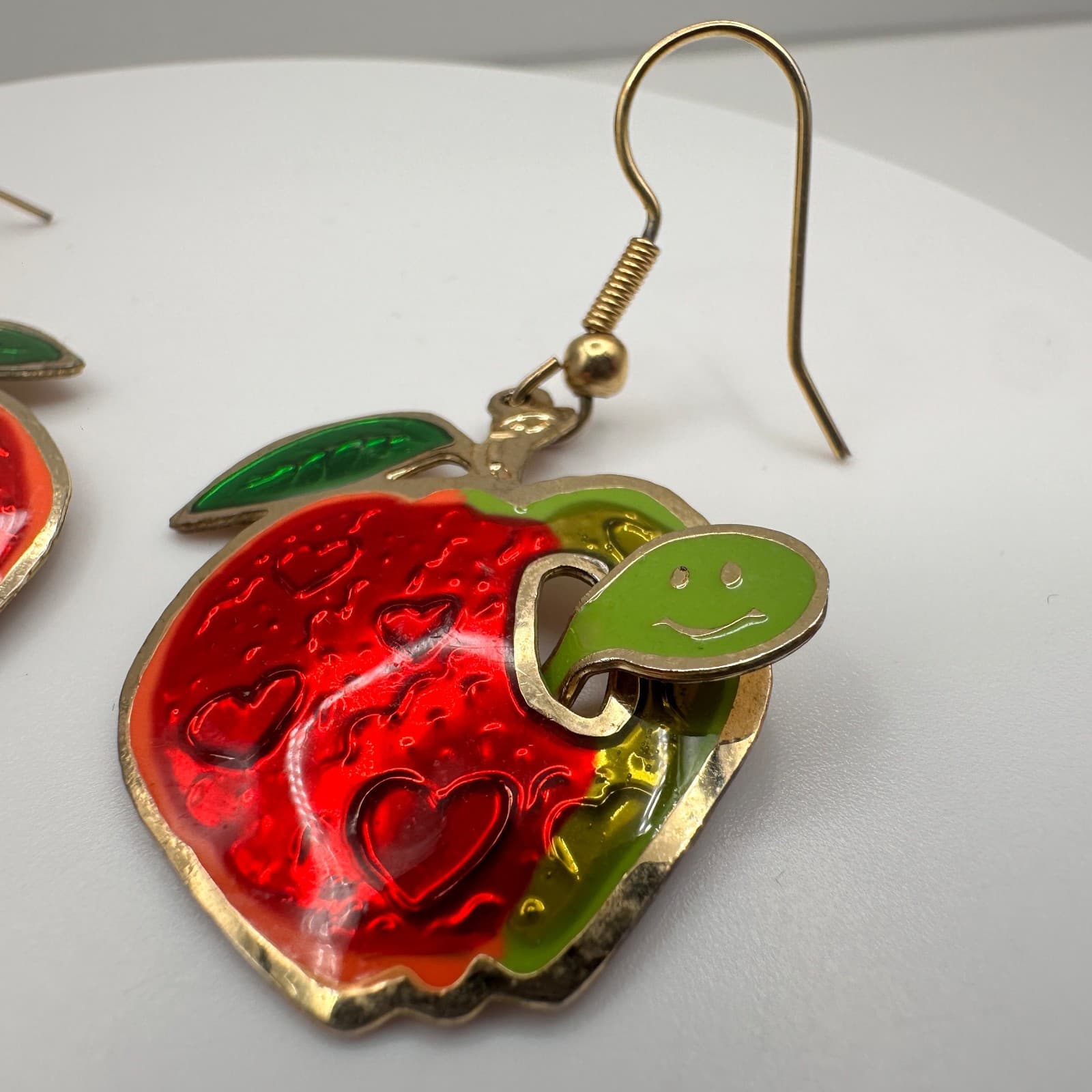 Vintage 80s Fun Red Apple Dangle Earrings Green Leaf & Worm Accent Jewelry - Thumbnail 4