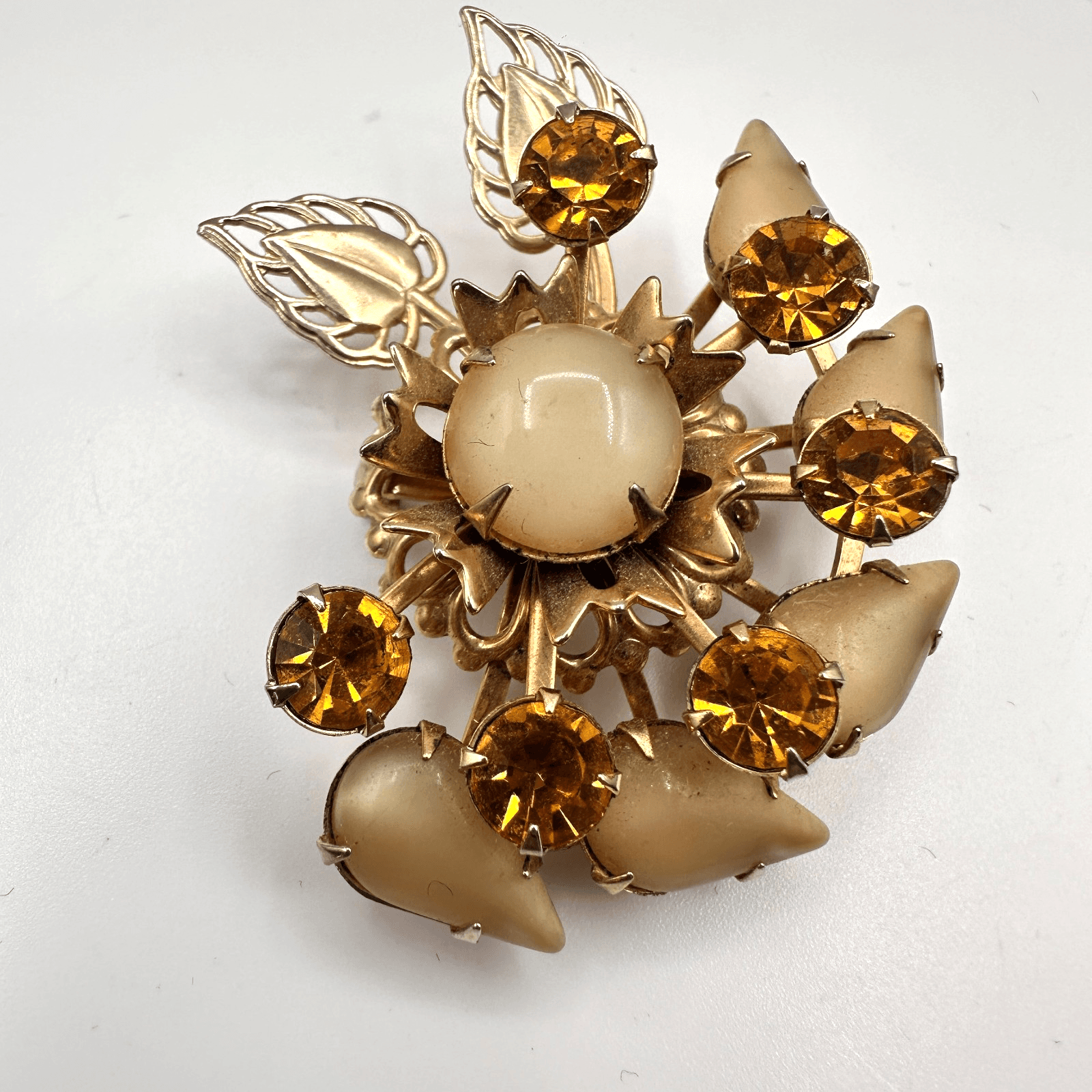 Vintage 80s Gold Tone Floral Brooch Pin Amber Rhinestone Cream Cabochon Jewelry - Image 1