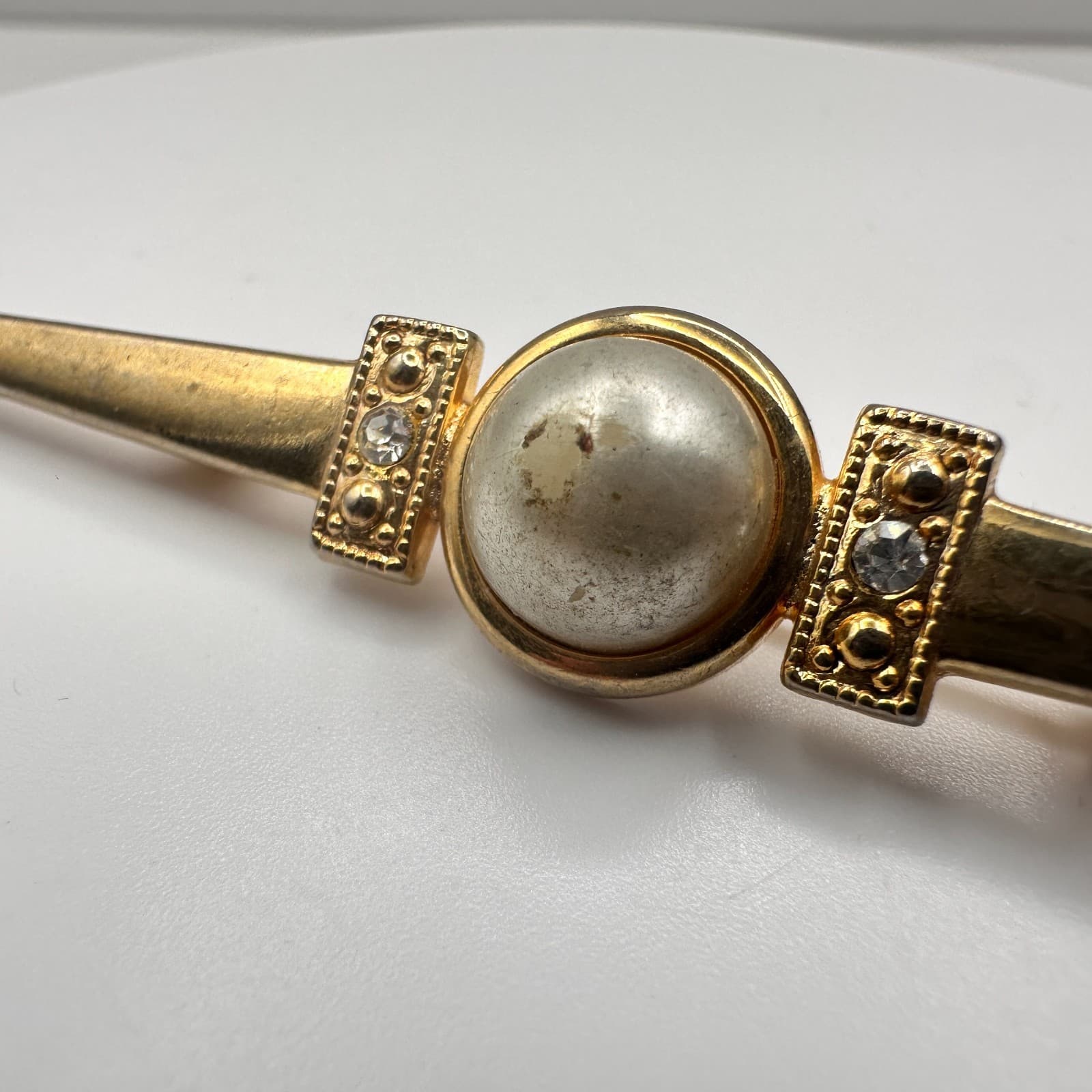Vintage 80s Gold Tone Bar Brooch Faux Pearl Crystal Geometric Statement Pin - Thumbnail 3
