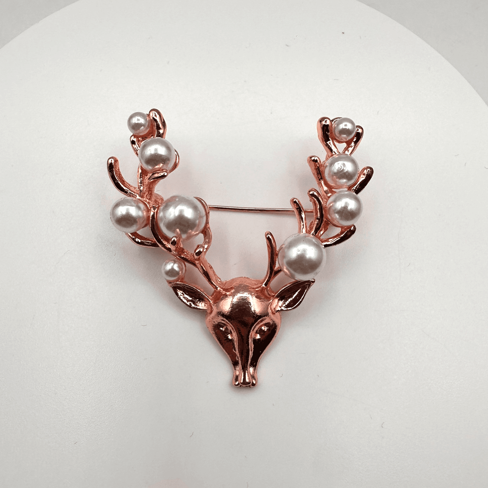 Vintage 90s Rose Gold Tone Faux Pearl Deer Antler Brooch Pin Reindeer Jewelry - Image 1