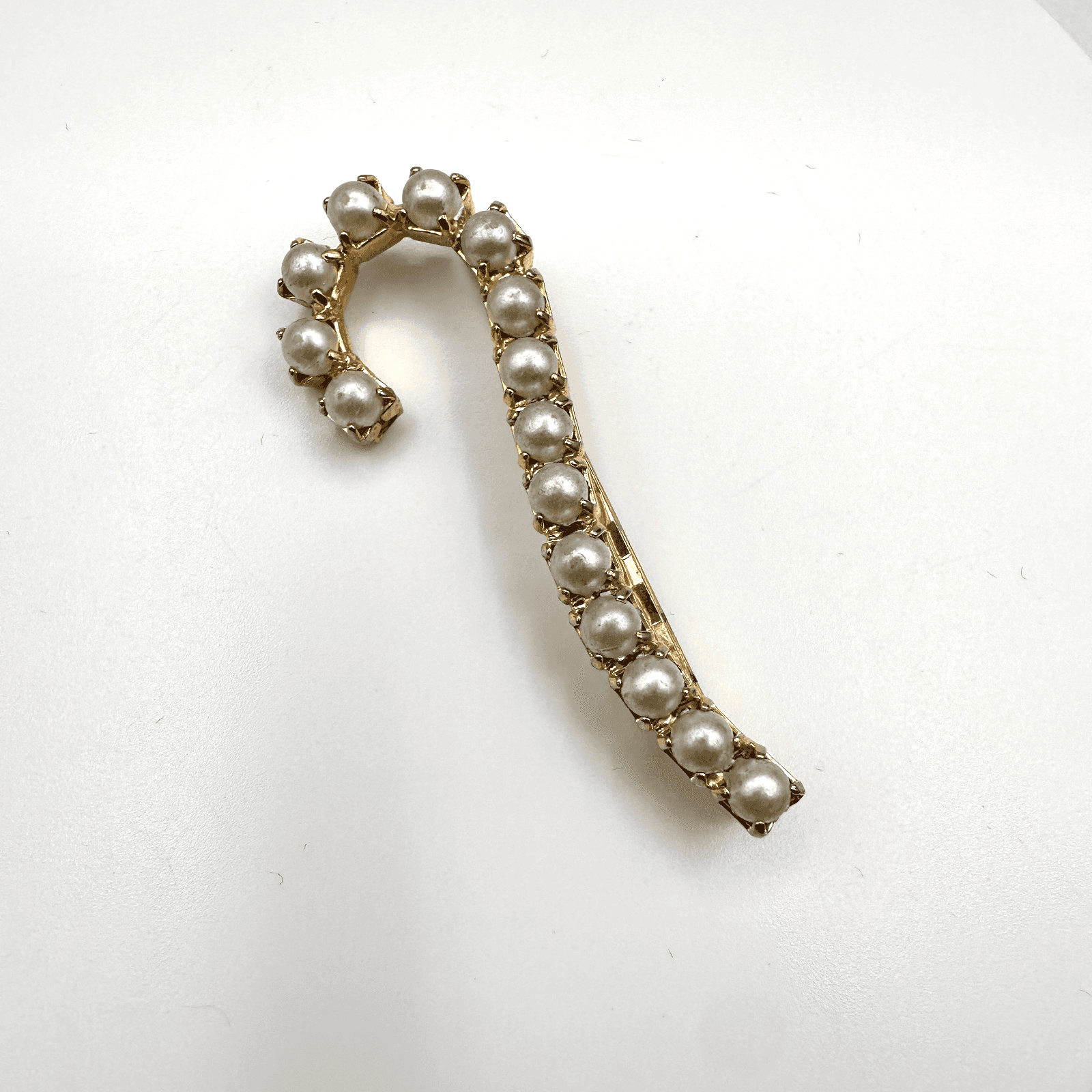 Vintage 90s Gold Tone Faux Pearl Candy Cane Brooch Pin Retro Statement Jewelry - Image 1