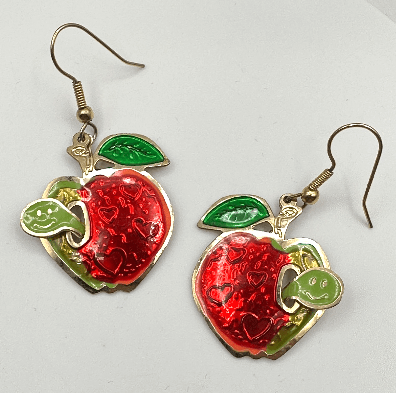 Vintage 80s Fun Red Apple Dangle Earrings Green Leaf & Worm Accent Jewelry - Image 1