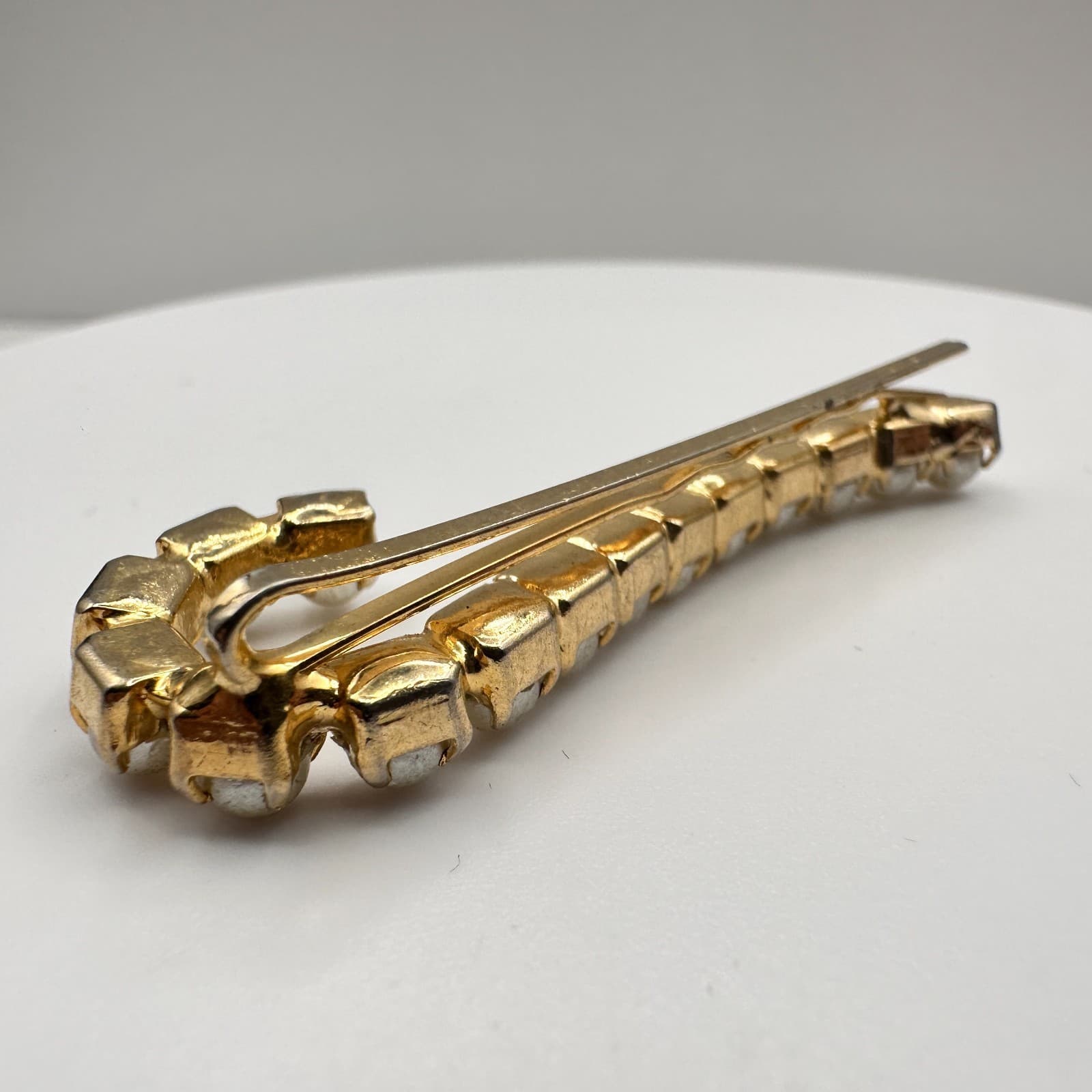 Vintage 90s Gold Tone Faux Pearl Candy Cane Brooch Pin Retro Statement Jewelry - Thumbnail 6