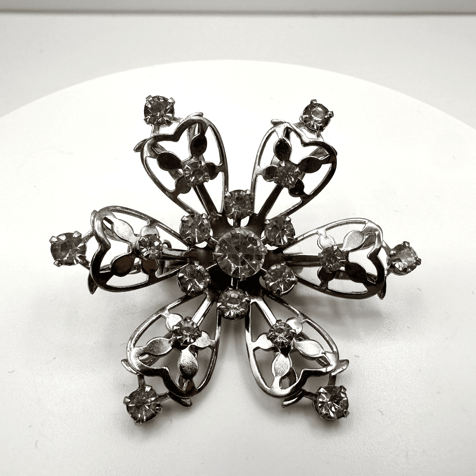 Vintage 80s Silver Tone Floral Brooch Pin Clear Rhinestone Women's Jewelry - Image 1