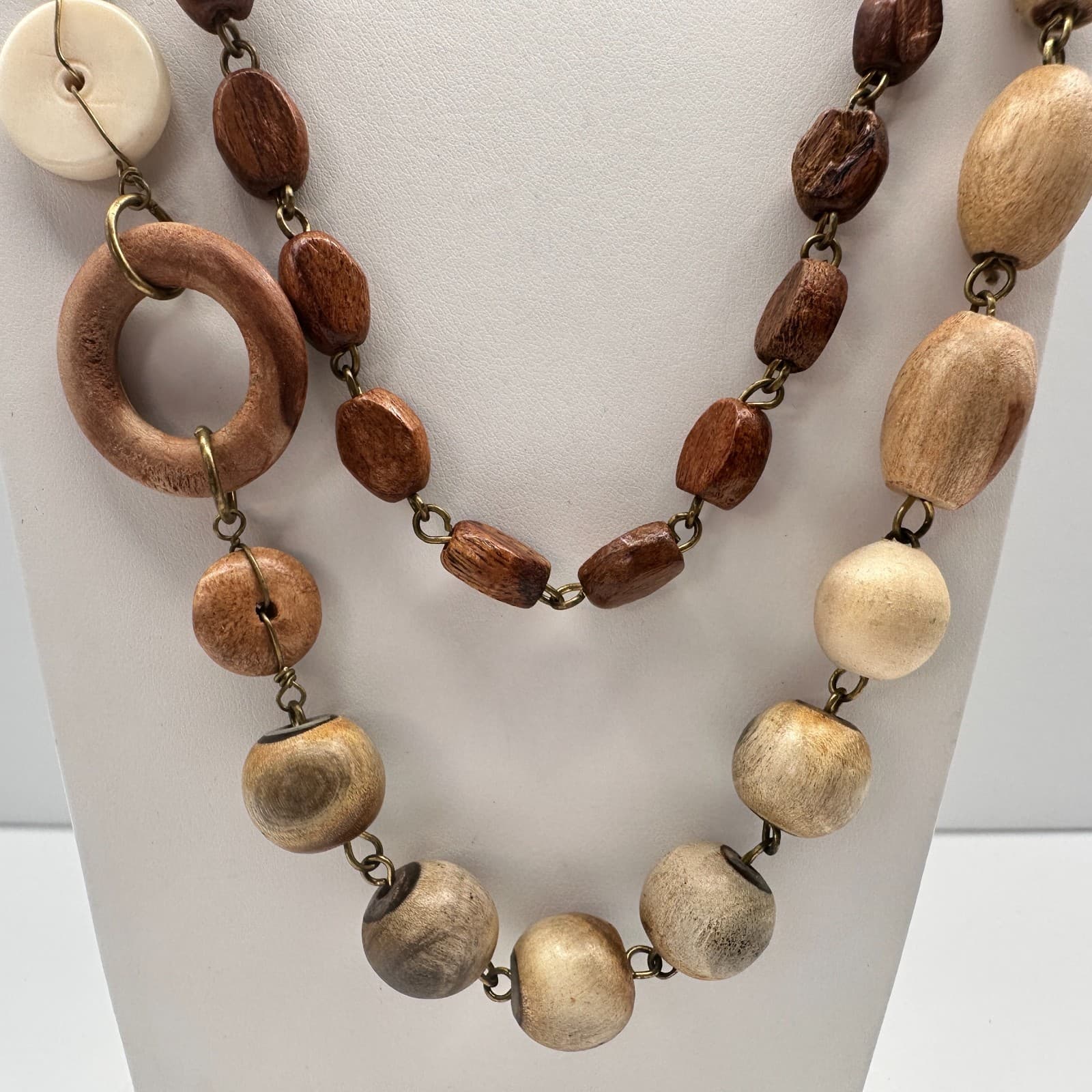 Vintage 90s Boho Double Strand Wooden Beaded Necklace Women's Classic Jewelry - Thumbnail 3