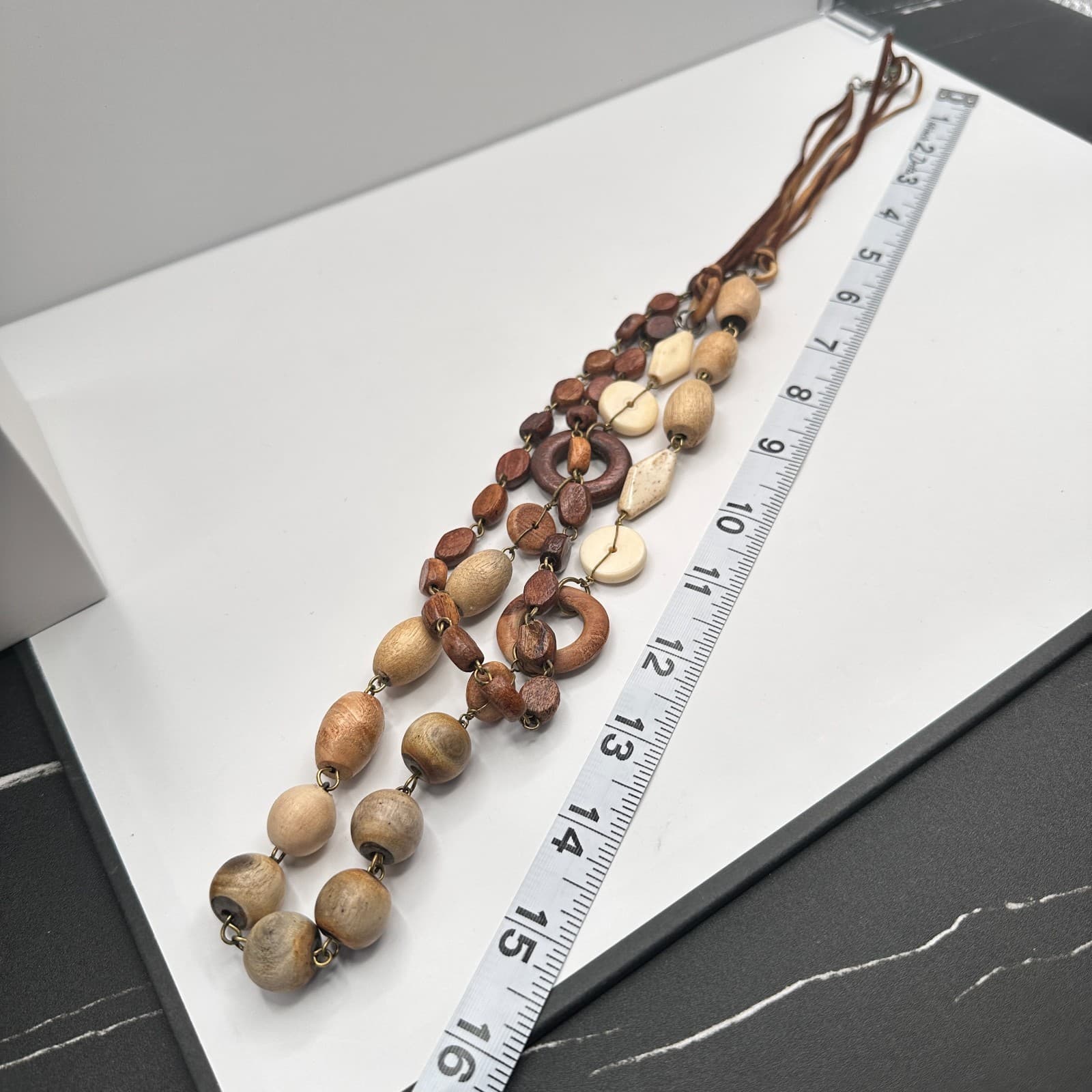 Vintage 90s Boho Double Strand Wooden Beaded Necklace Women's Classic Jewelry - Thumbnail 9