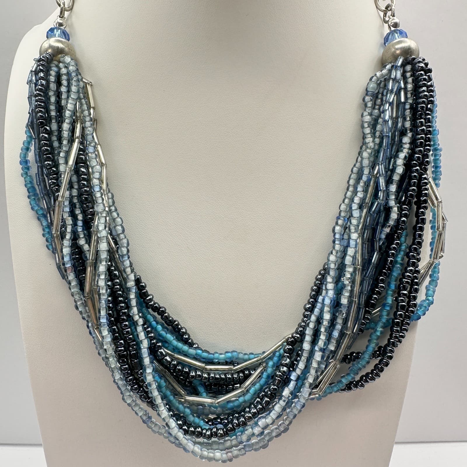 Vintage 90s Multi-Strand Seed Beaded Necklace Silver Tone Boho Women's Jewelry - Thumbnail 2