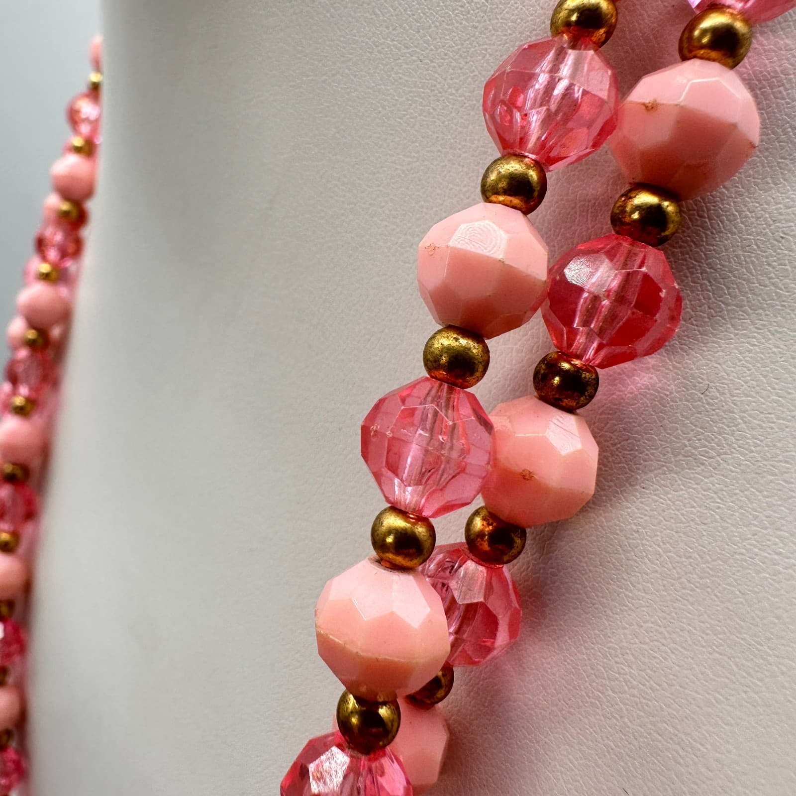Vintage 80s Pink Beaded Double Strand Necklace Gold Tone Women's Fashion Jewelry - Thumbnail 7