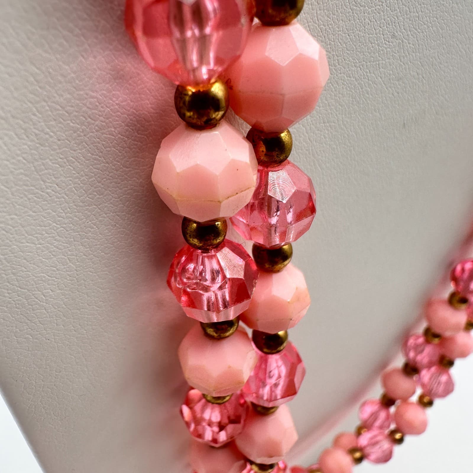 Vintage 80s Pink Beaded Double Strand Necklace Gold Tone Women's Fashion Jewelry - Thumbnail 6