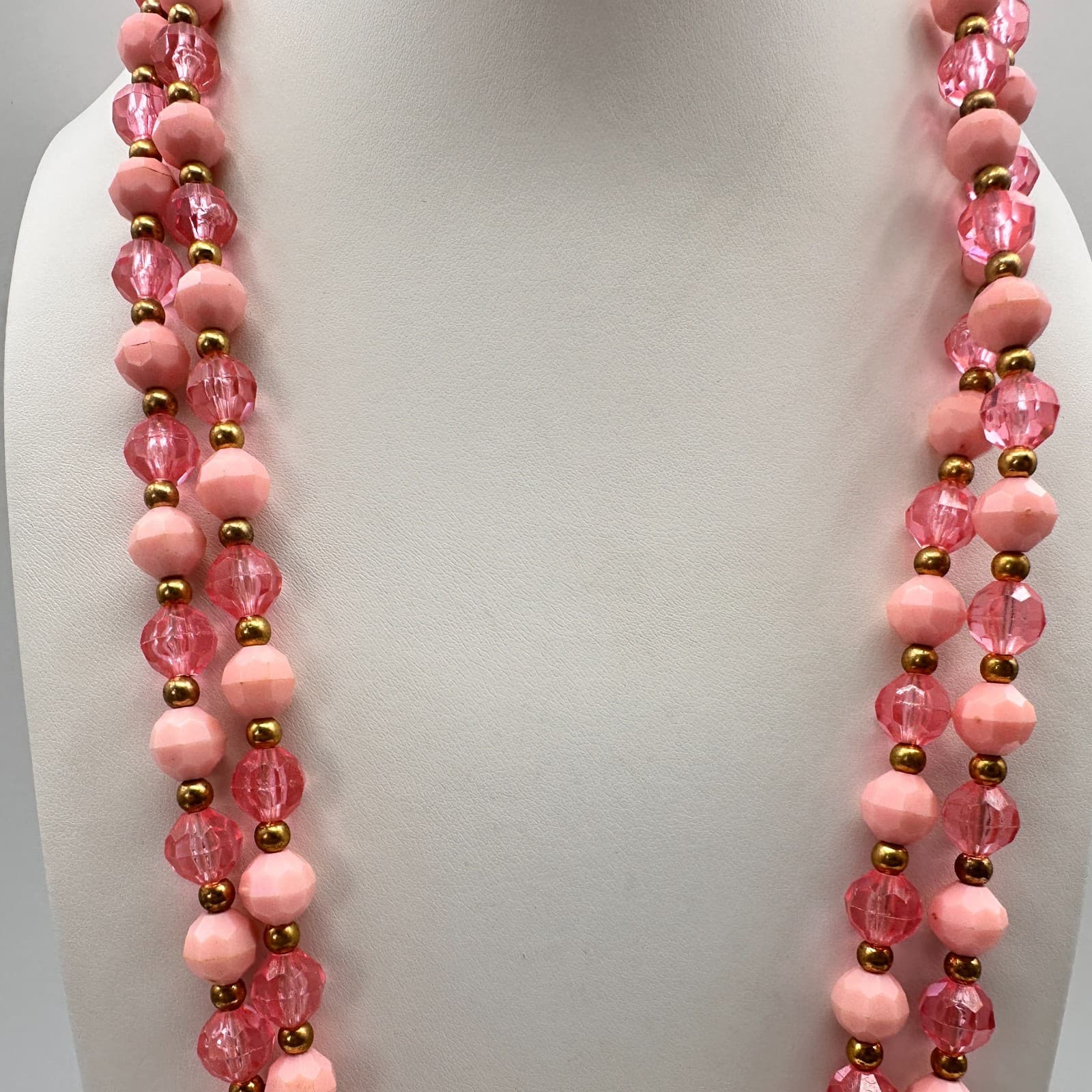 Vintage 80s Pink Beaded Double Strand Necklace Gold Tone Women's Fashion Jewelry - Thumbnail 4