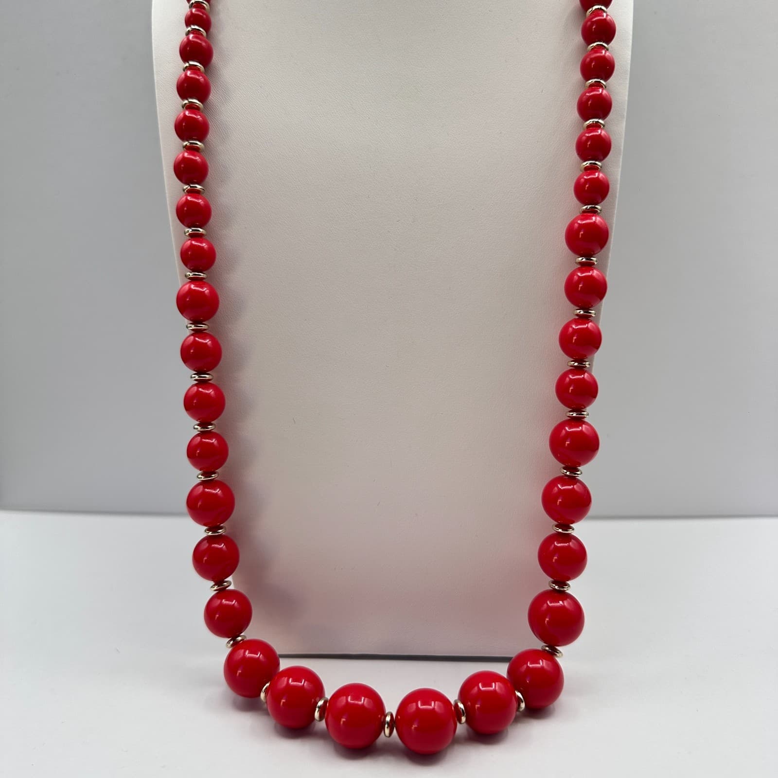 Vintage 80s Red Resin Bead Statement Necklace Gold Tone Spacers Fashion Jewelry - Image 1