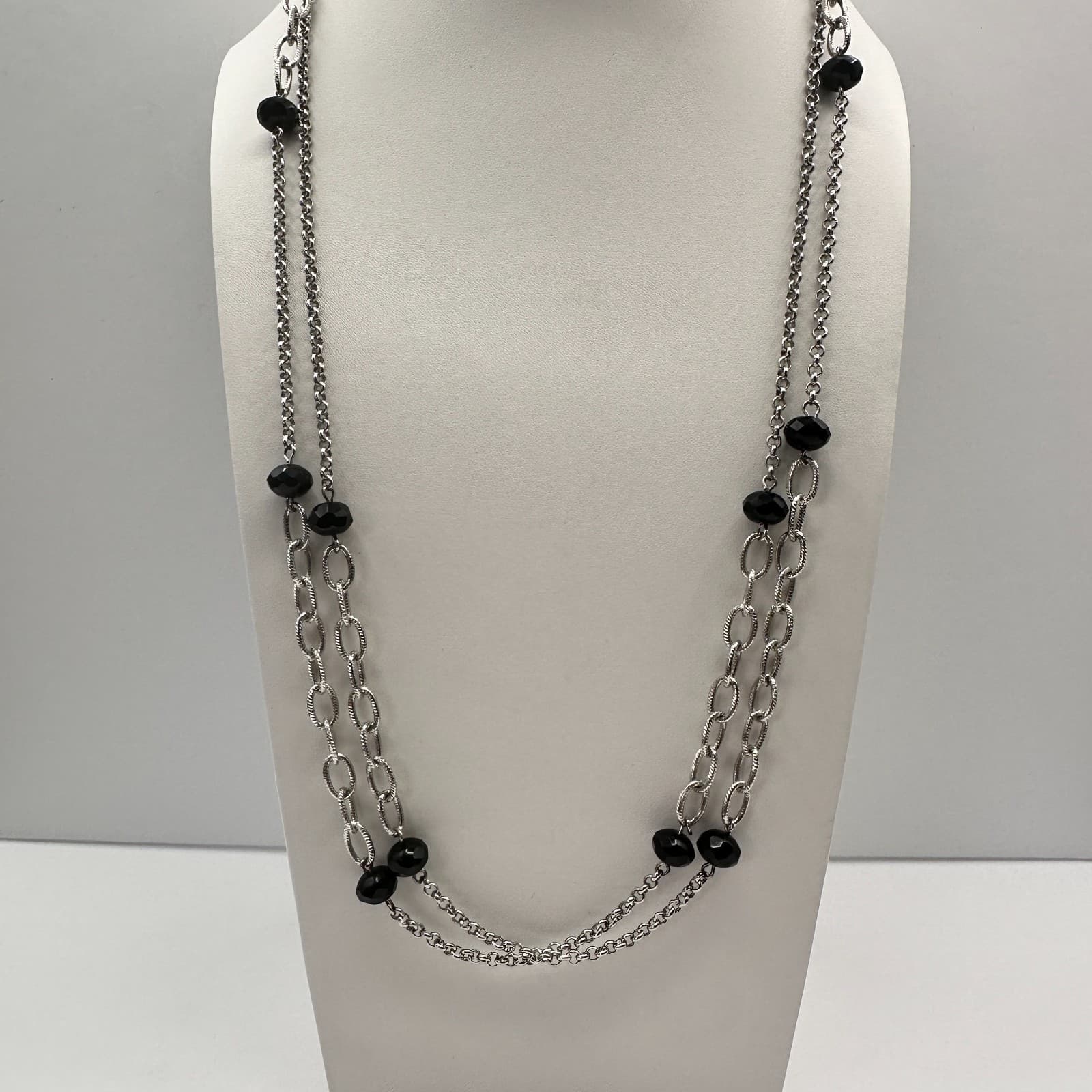 Vintage 90s Silver Tone Multi Strand Black Beaded Necklace Women's Jewelry - Image 1