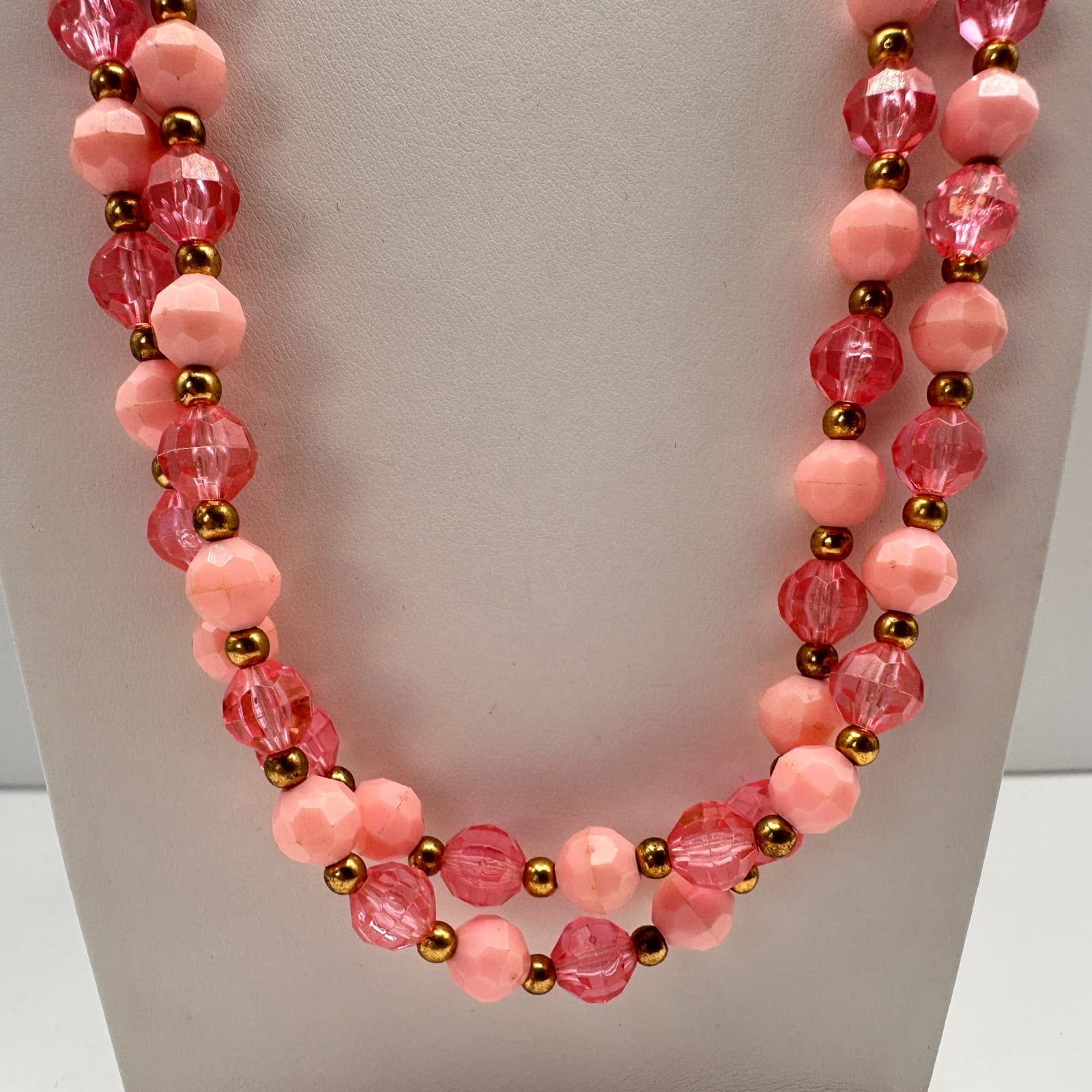 Vintage 80s Pink Beaded Double Strand Necklace Gold Tone Women's Fashion Jewelry - Thumbnail 3