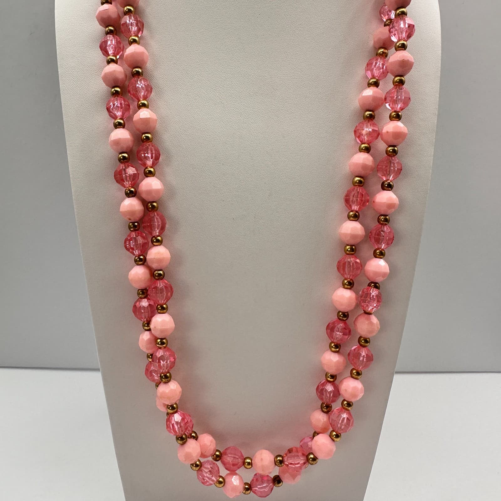 Vintage 80s Pink Beaded Double Strand Necklace Gold Tone Women's Fashion Jewelry - Thumbnail 2