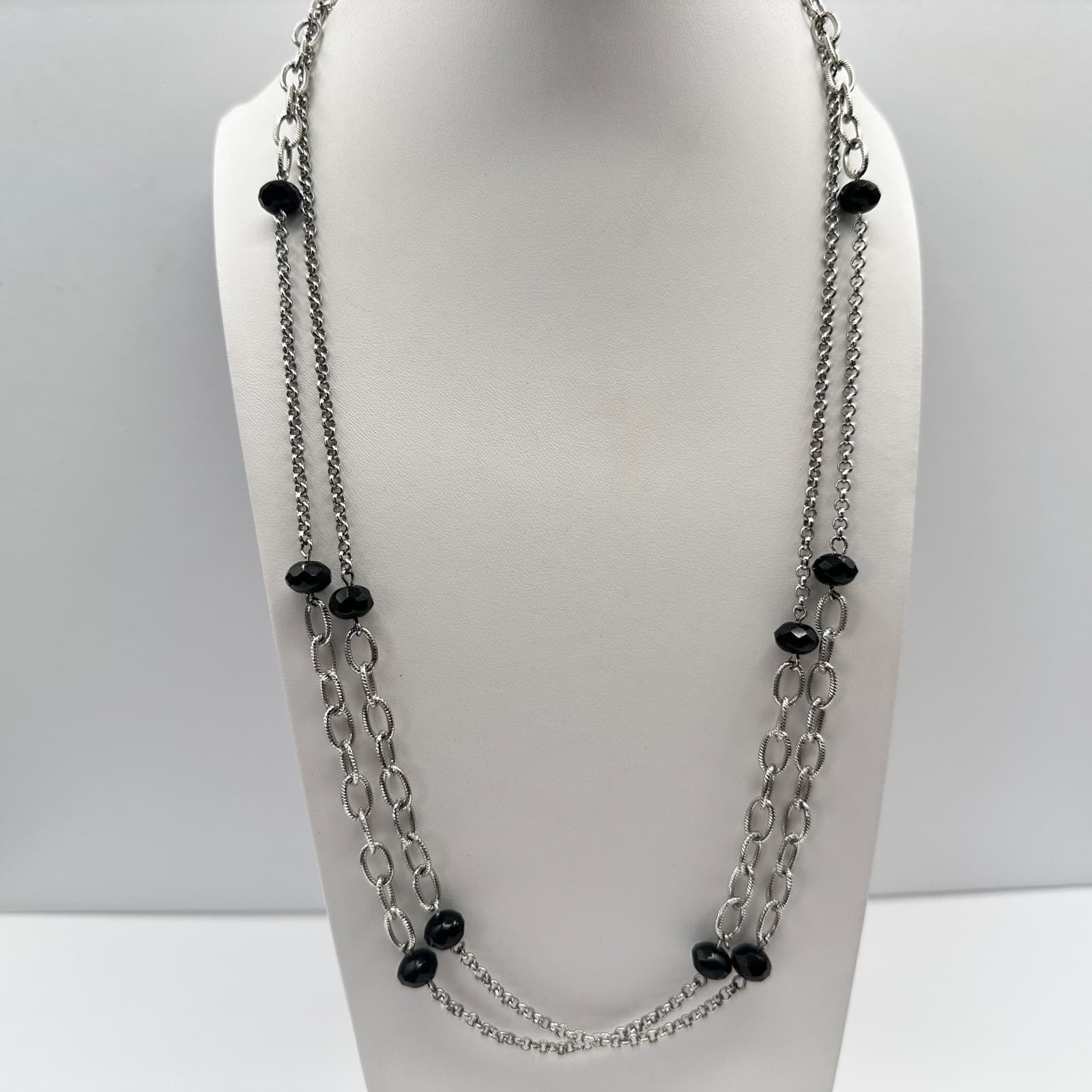 Vintage 90s Silver Tone Multi Strand Black Beaded Necklace Women's Jewelry - Thumbnail 4