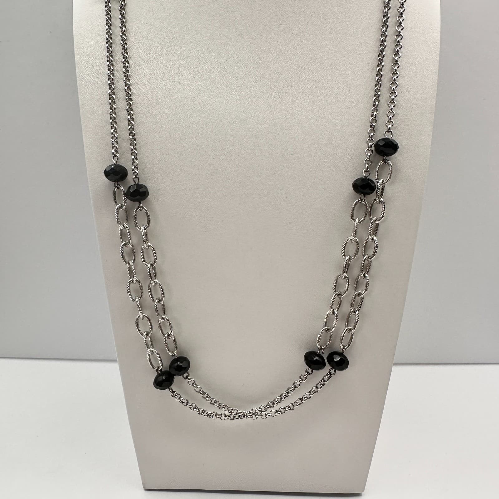 Vintage 90s Silver Tone Multi Strand Black Beaded Necklace Women's Jewelry - Thumbnail 2