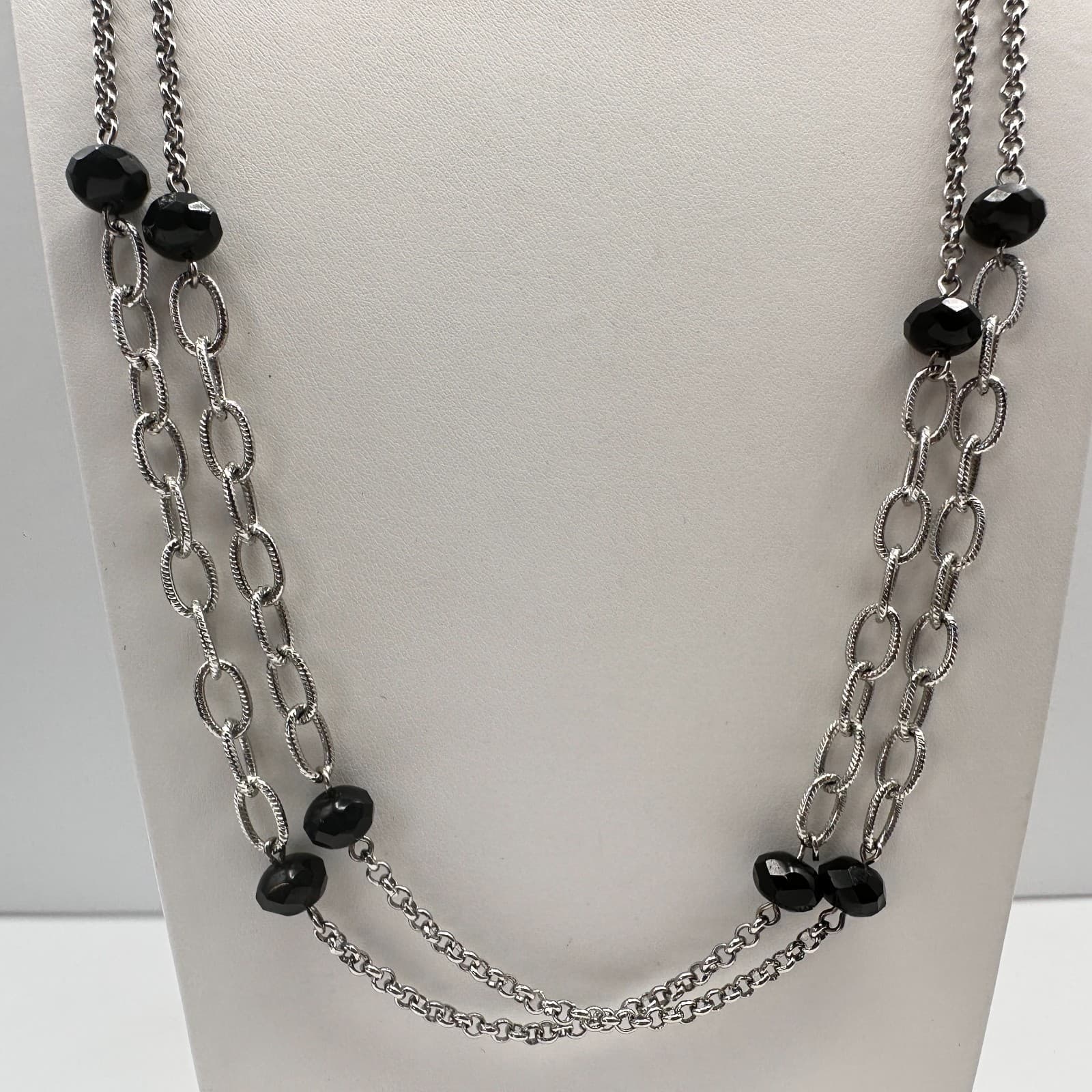 Vintage 90s Silver Tone Multi Strand Black Beaded Necklace Women's Jewelry - Thumbnail 5