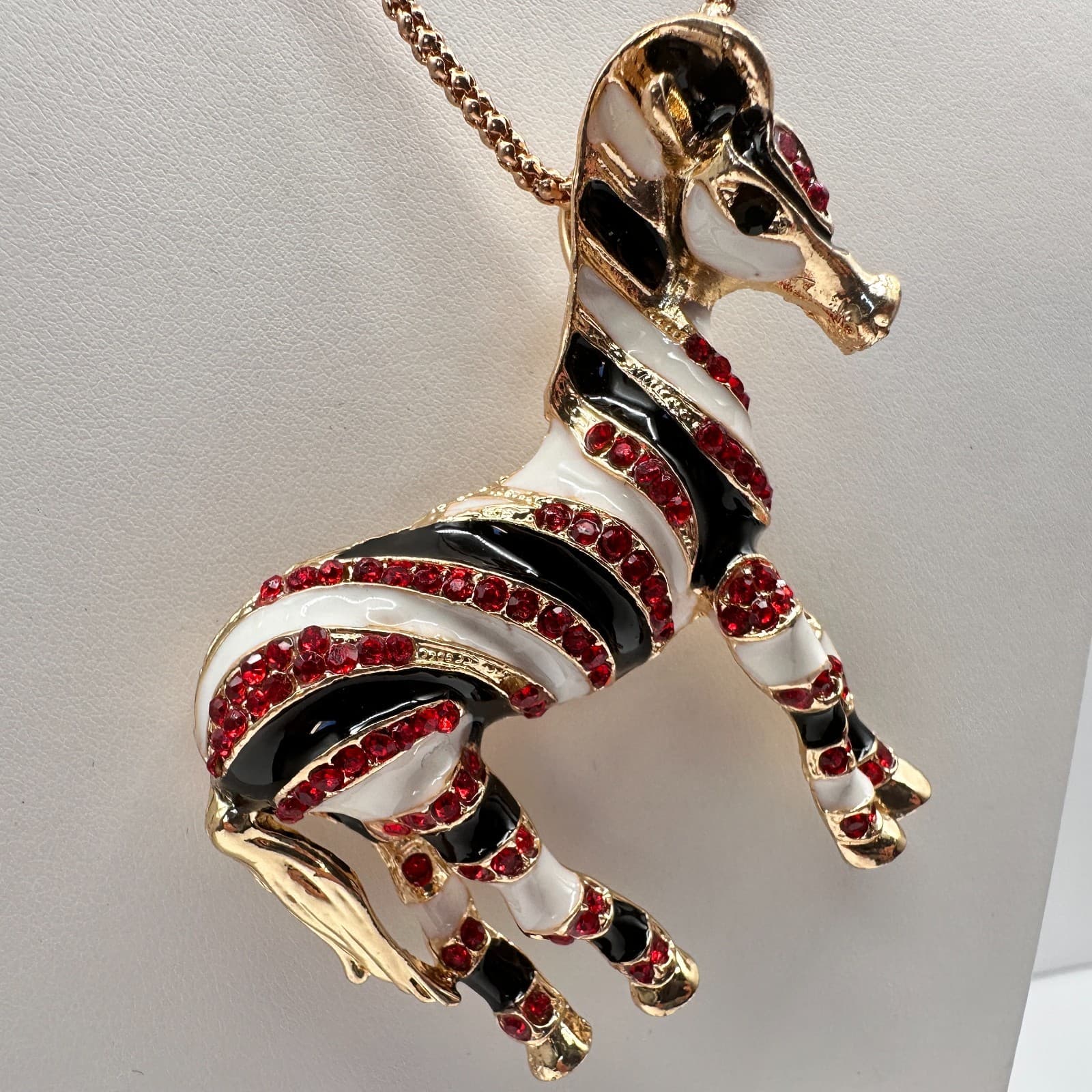 Vintage 90s Betsey Johnson Zebra Pendant Necklace Red Rhinestone Fashion Jewelry - Thumbnail 4