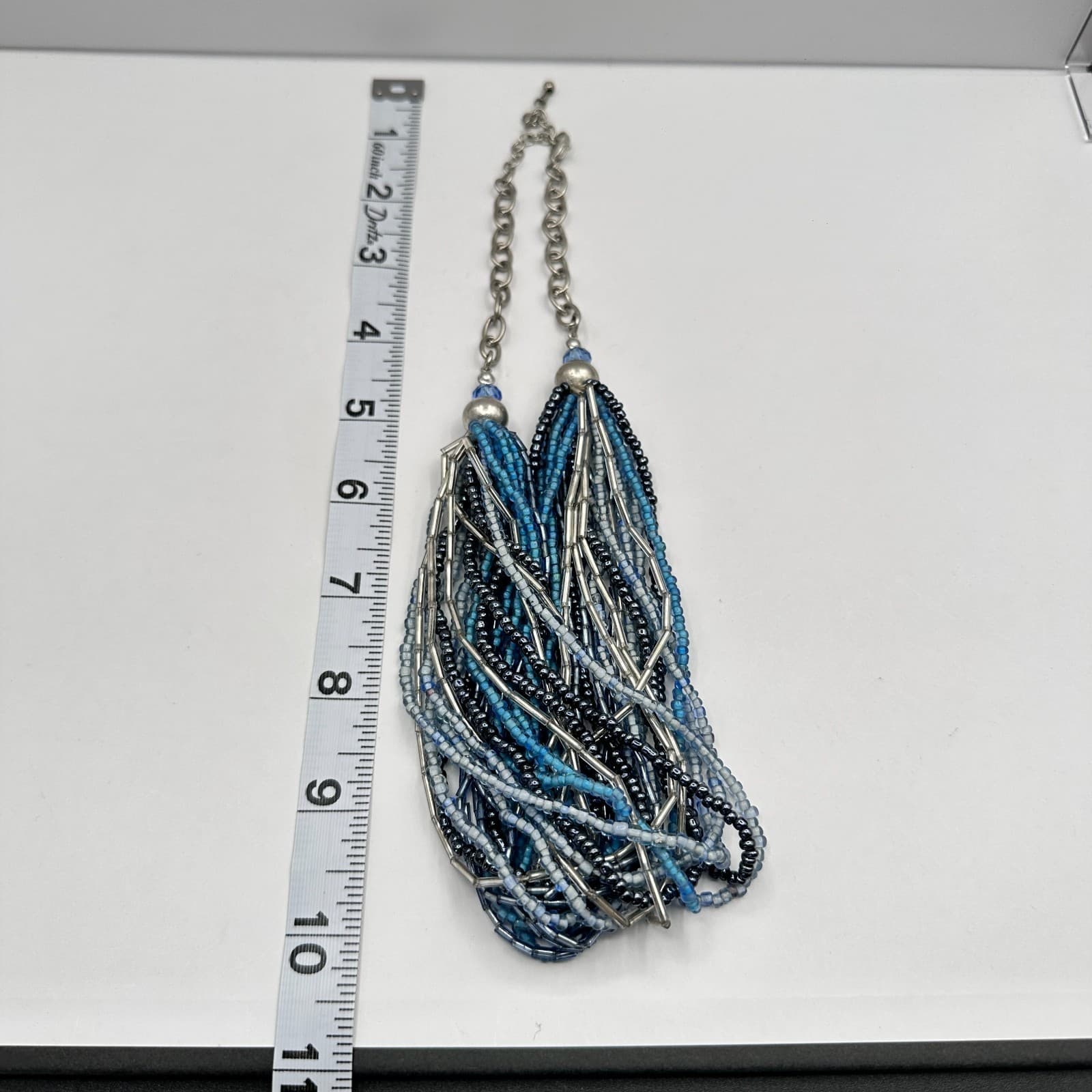 Vintage 90s Multi-Strand Seed Beaded Necklace Silver Tone Boho Women's Jewelry - Thumbnail 9