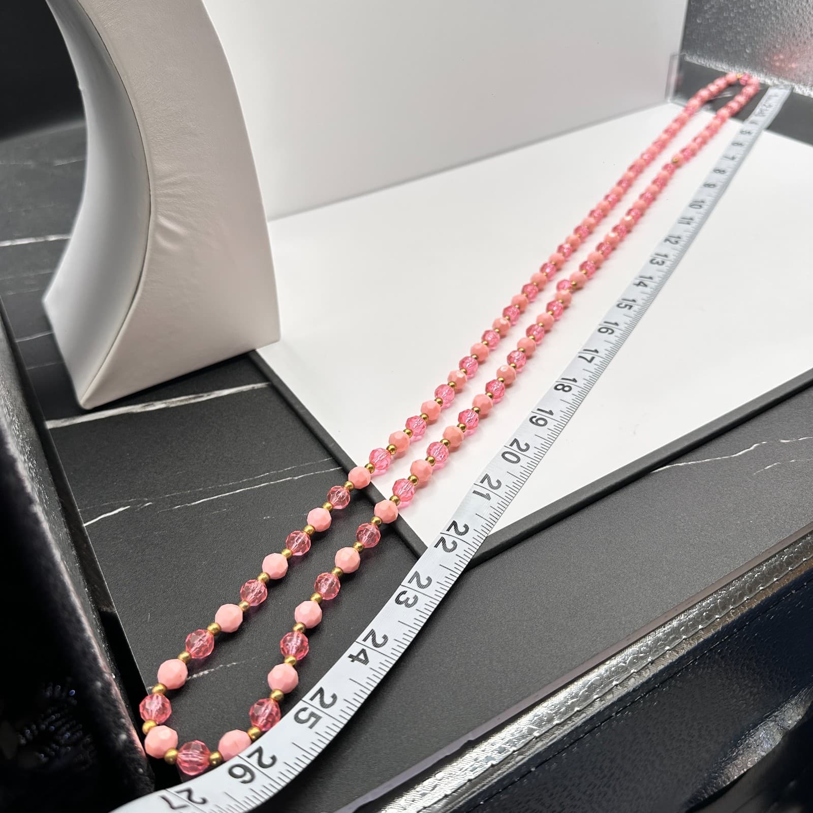 Vintage 80s Pink Beaded Double Strand Necklace Gold Tone Women's Fashion Jewelry - Thumbnail 8