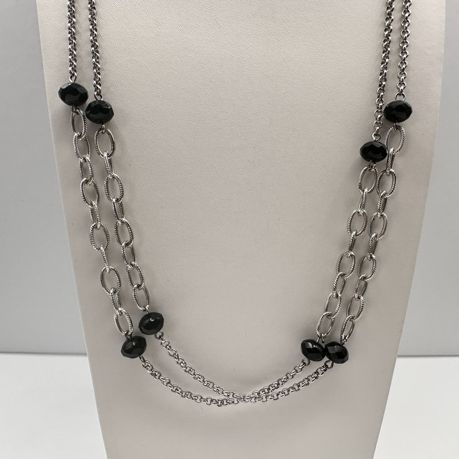 Vintage 90s Silver Tone Multi Strand Black Beaded Necklace Women's Jewelry - Thumbnail 3