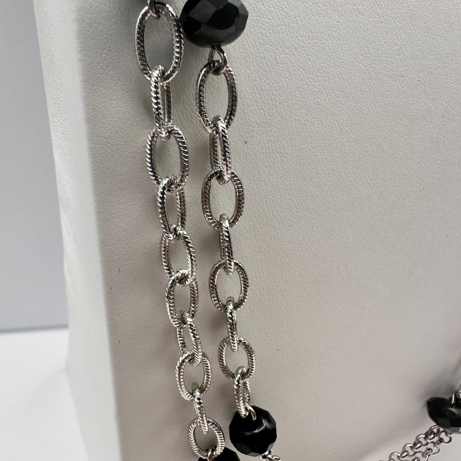 Vintage 90s Silver Tone Multi Strand Black Beaded Necklace Women's Jewelry - Thumbnail 6