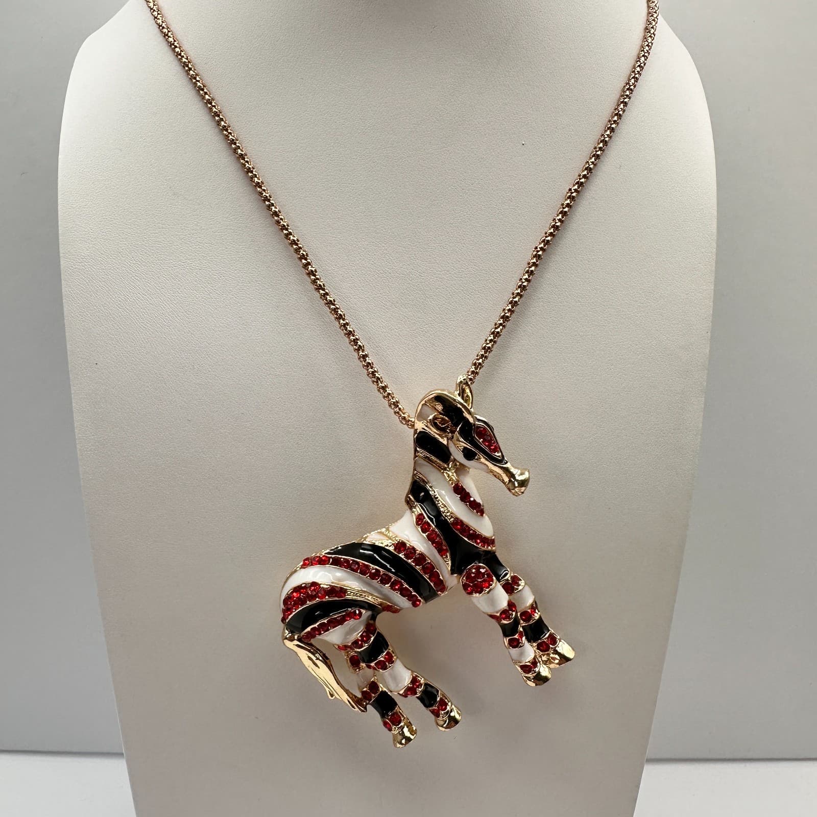 Vintage 90s Betsey Johnson Zebra Pendant Necklace Red Rhinestone Fashion Jewelry - Thumbnail 2