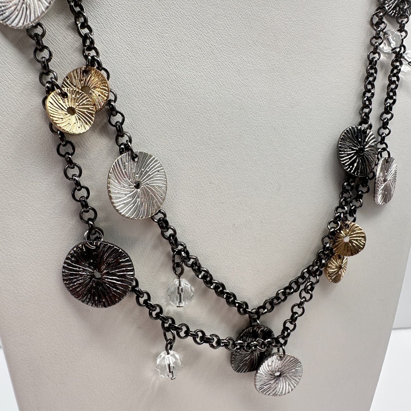 Vintage 90s Multi Strand Clear Beaded Glass Disc Necklace Boho Women's Jewelry - Thumbnail 3