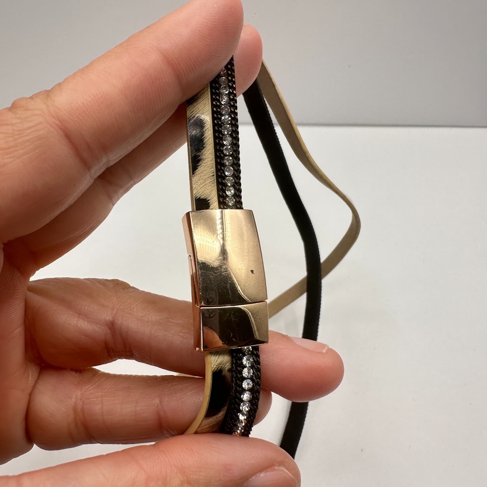 Vintage 90s Leopard Print Clear Rhinestone Gold Tone Horse Bridle Browband - Thumbnail 8