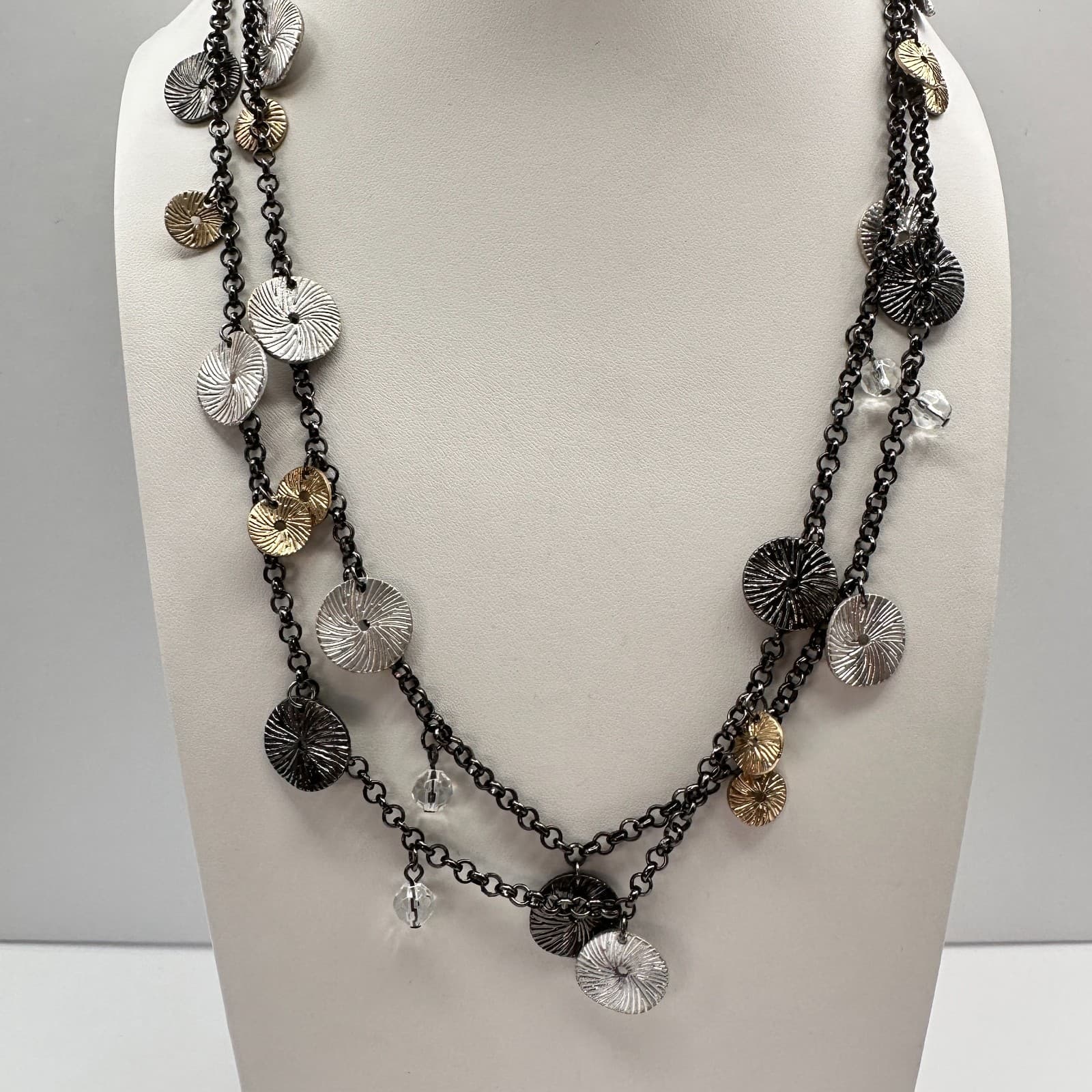 Vintage 90s Multi Strand Clear Beaded Glass Disc Necklace Boho Women's Jewelry - Thumbnail 6