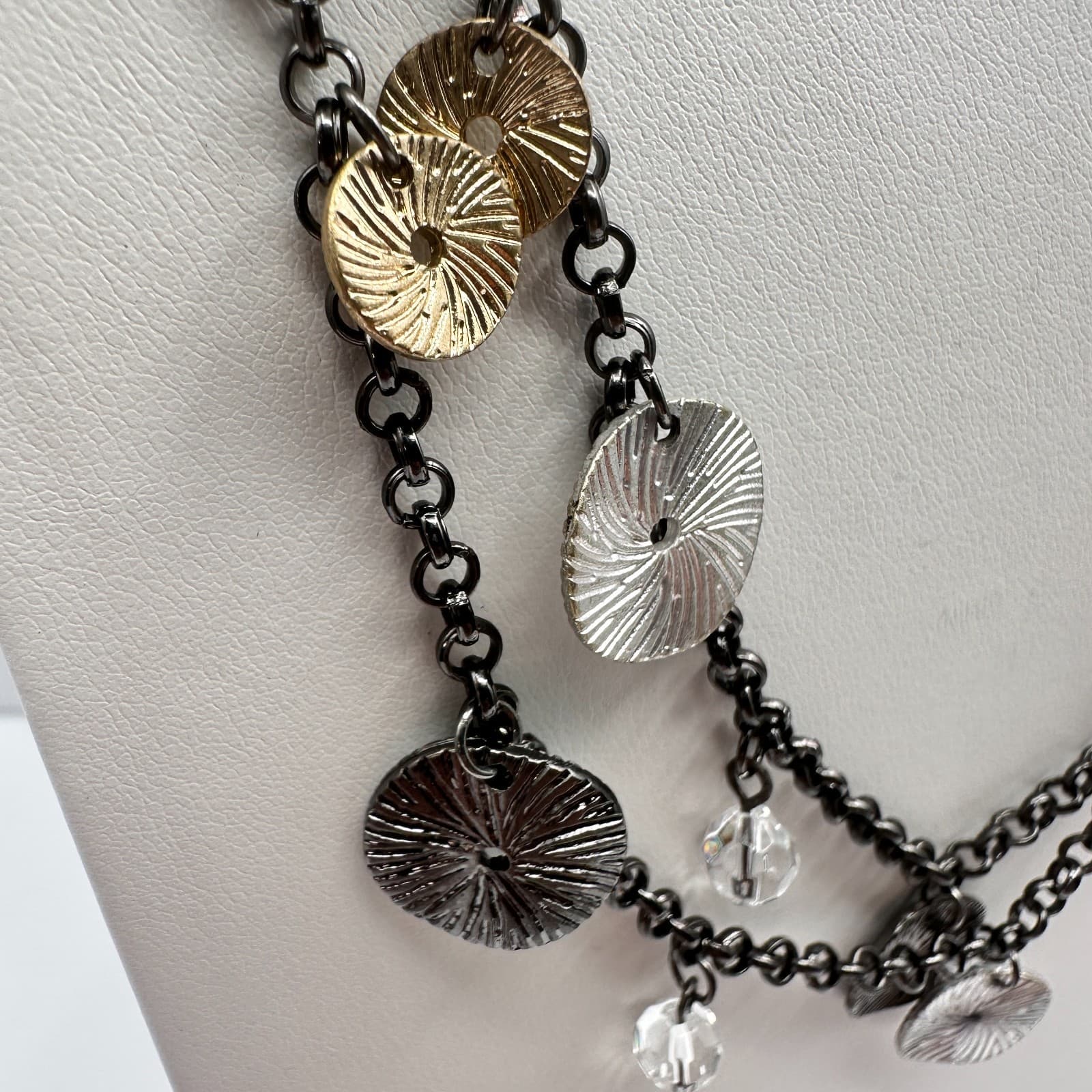 Vintage 90s Multi Strand Clear Beaded Glass Disc Necklace Boho Women's Jewelry - Thumbnail 5