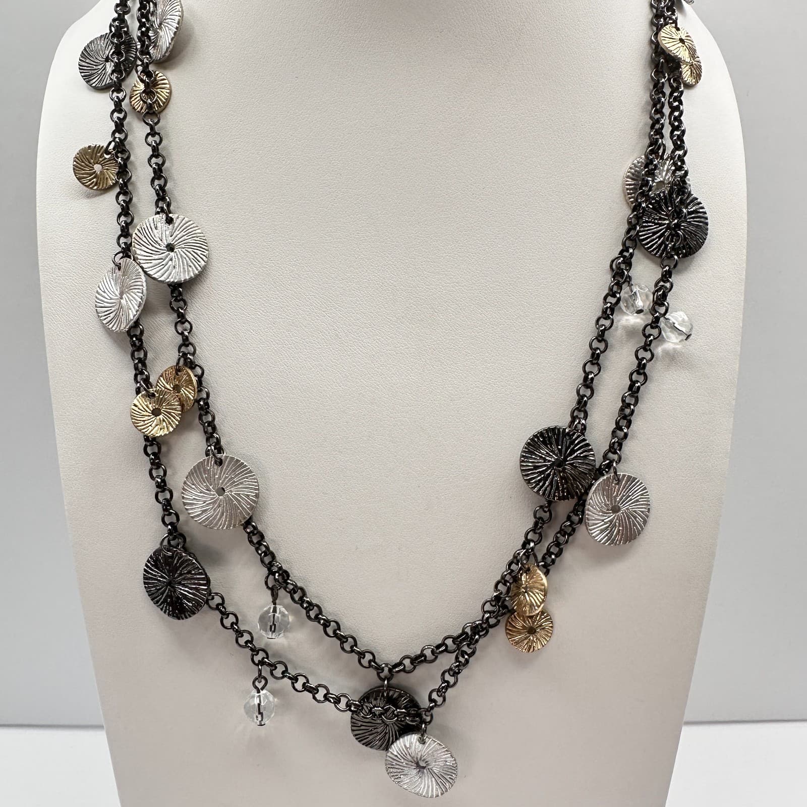 Vintage 90s Multi Strand Clear Beaded Glass Disc Necklace Boho Women's Jewelry - Thumbnail 2